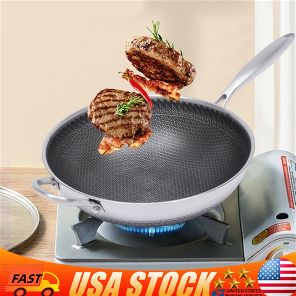 Non Stick Double Sided Honeycomb Cooking Frying Wok Pan With Lid Stainless Steel