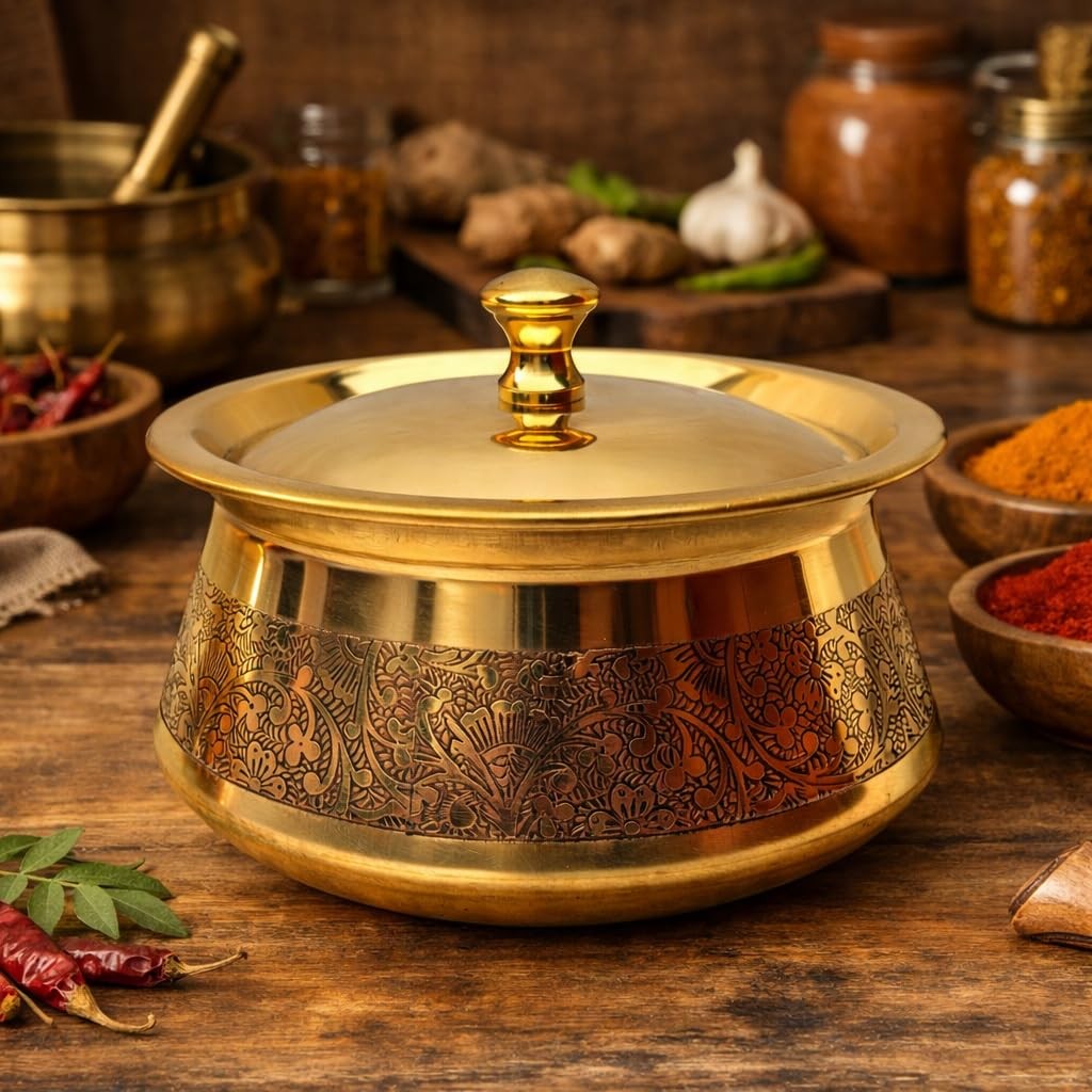 Premium Brass Dish Handi with Lid | Traditional Engraved Brass Serving Bowl |