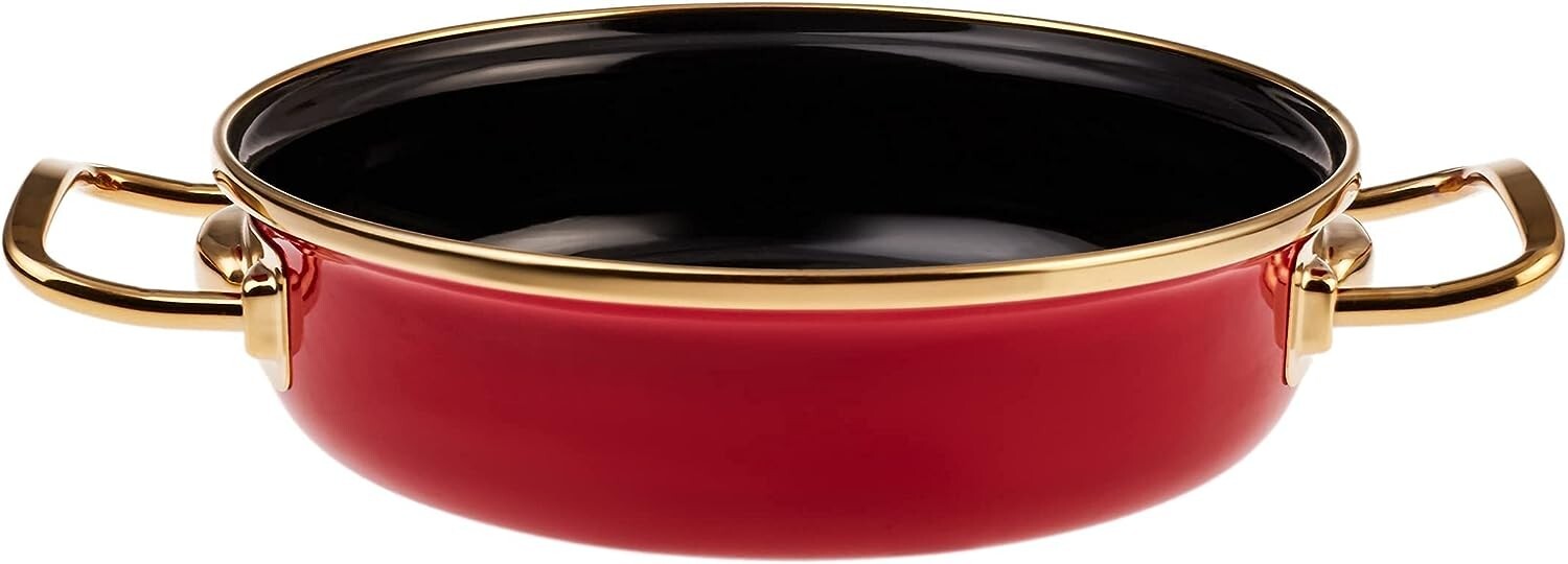 Retro Enamel Frying Pan and Shallow Frying Pan Set, 2 Pcs, White&Red, Non-Stick,