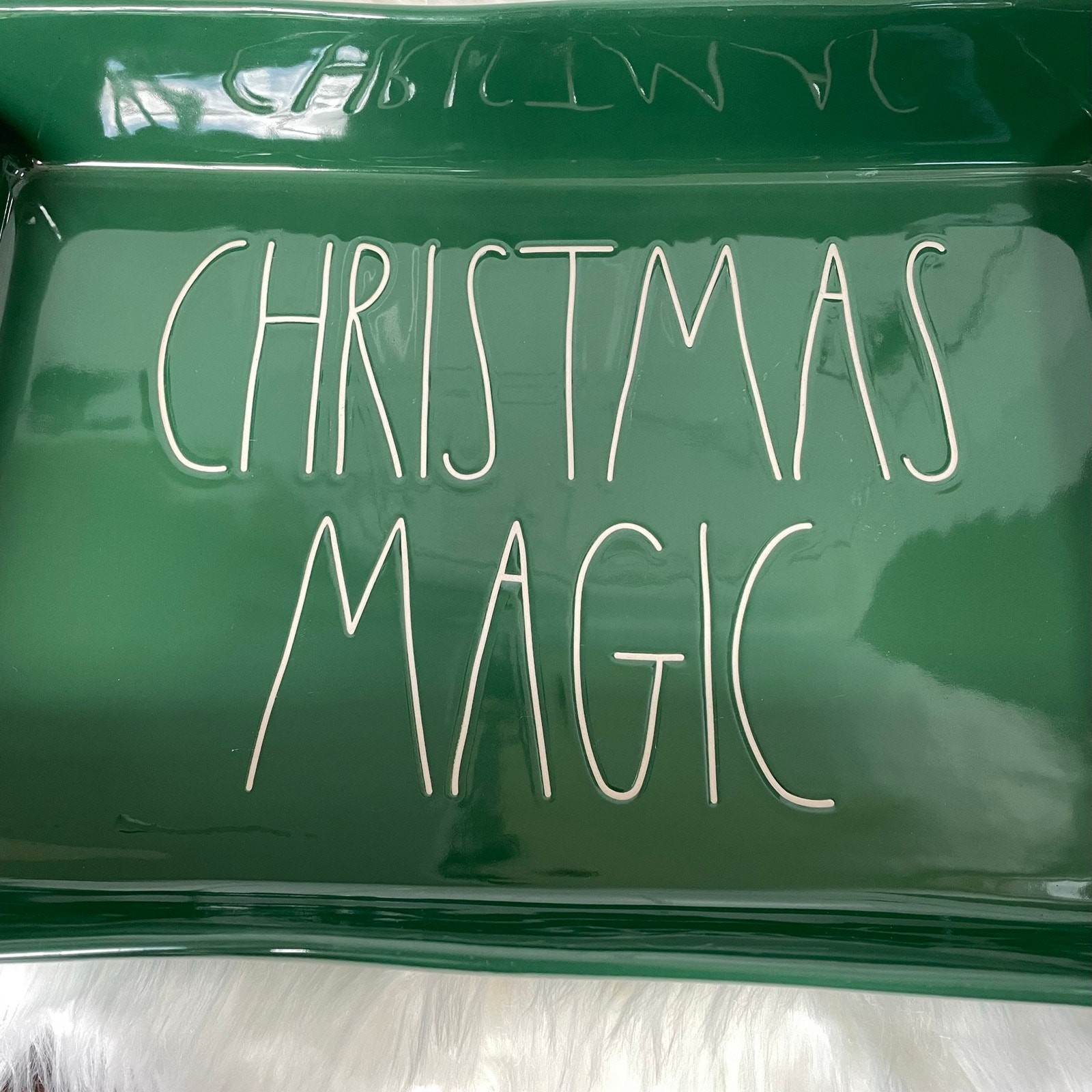 Rae Dunn Christmas Magic Lasagna Dish Ceramic Baking Green Magenta FLAW CHIPPED