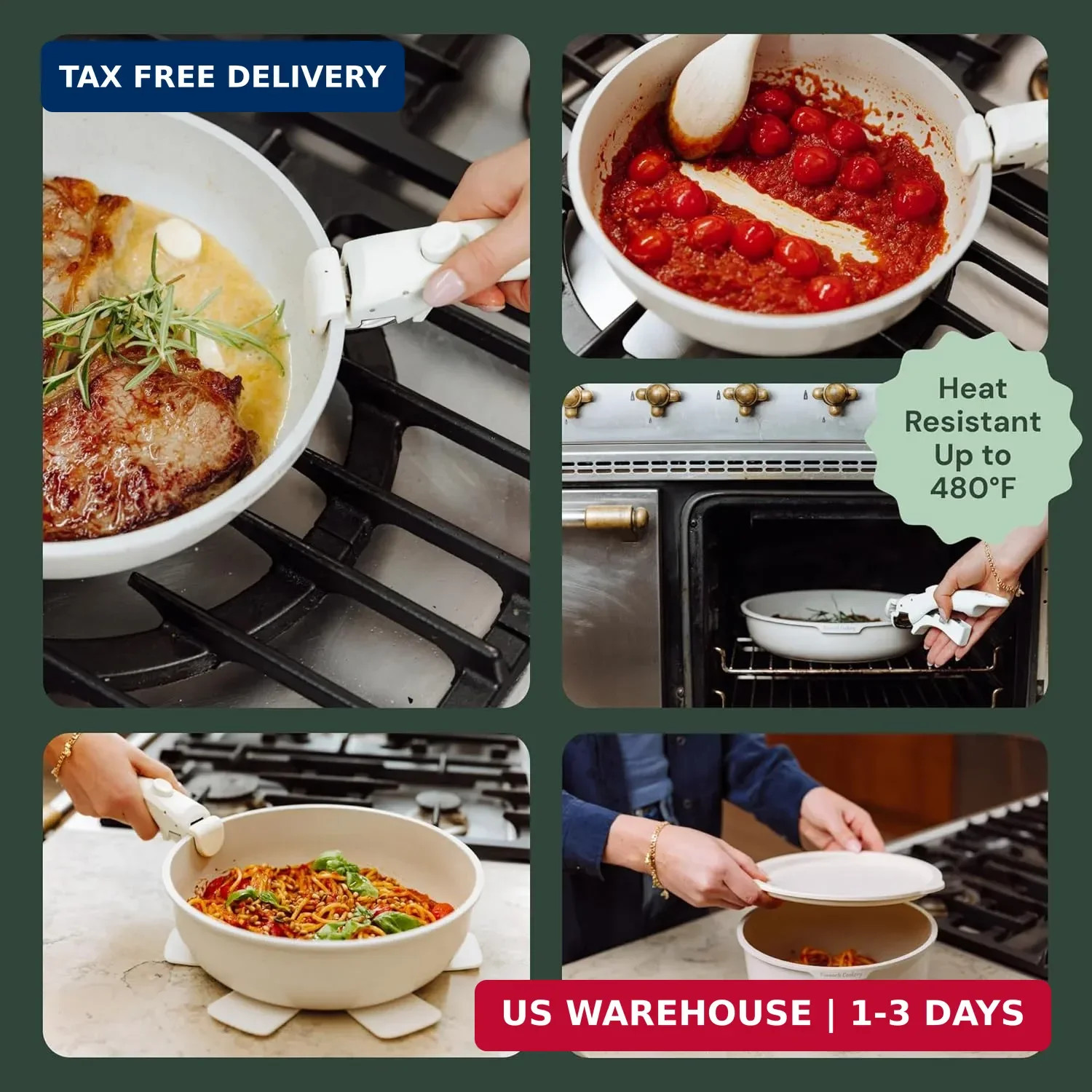 15-Piece White Granite Nonstick Cookware Set – Detachable Handles & Tempered Gla
