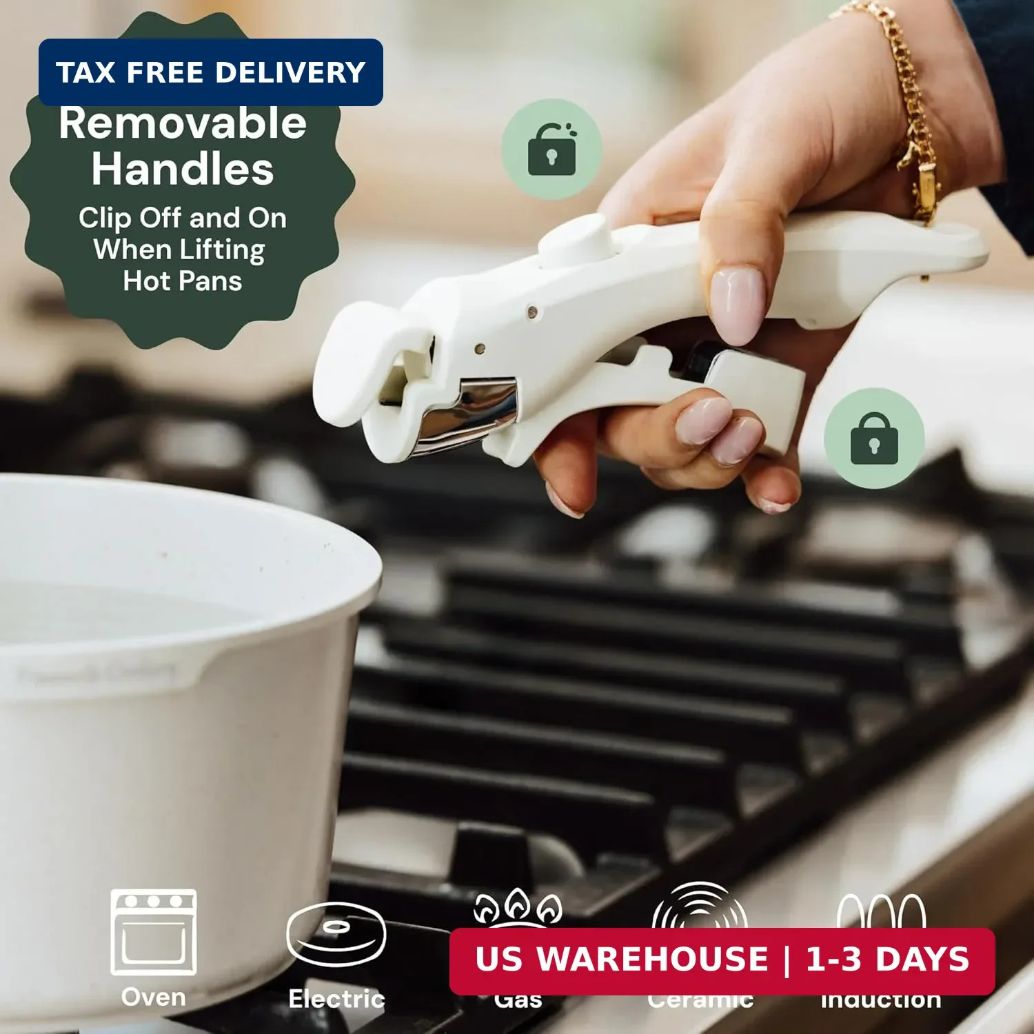 15-Piece White Granite Nonstick Cookware Set – Detachable Handles & Tempered Gla