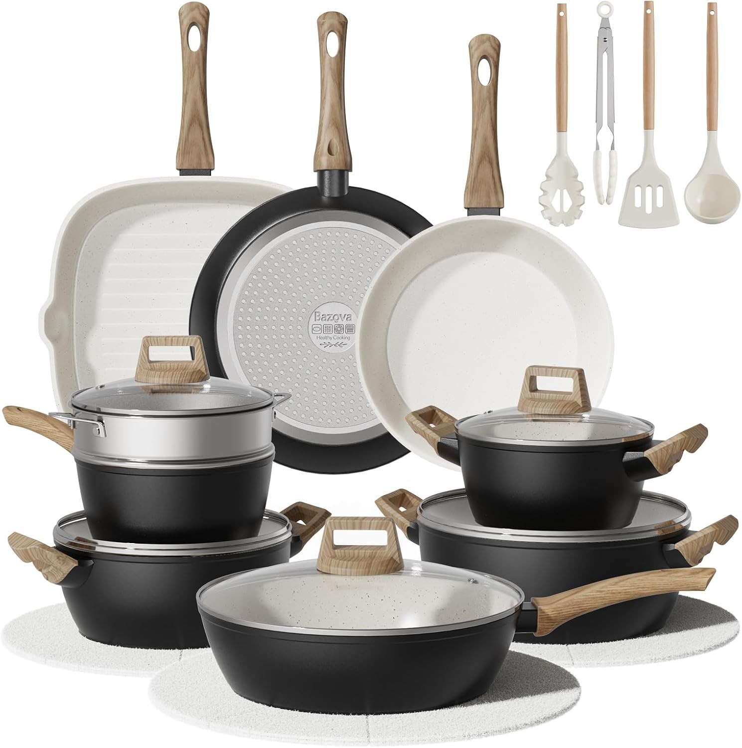 Bazova 24-Pcs Non-Toxic Cooking Set: Durable Ceramic & Titanium-Enhanced Design