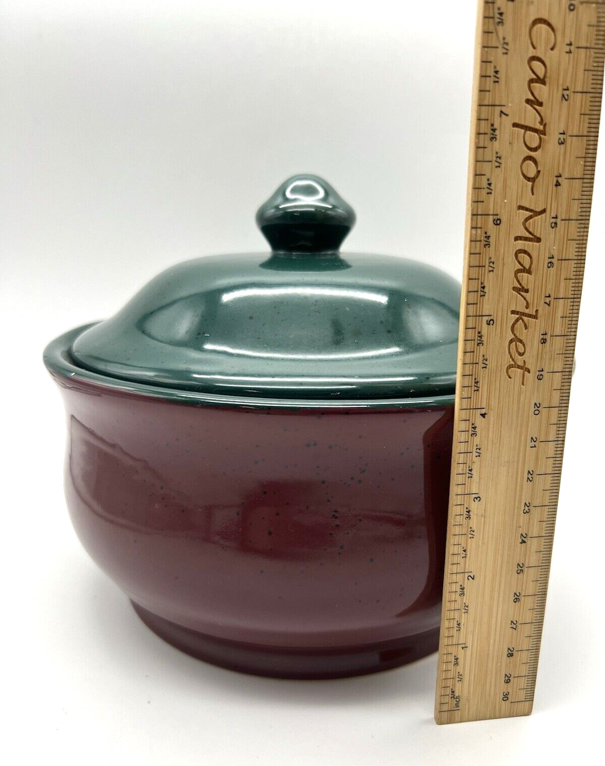 2 Qt Ceramic Dutch Oven Bean Pot w Metal Handled Stand – Burgundy Green 8.5″ Dia