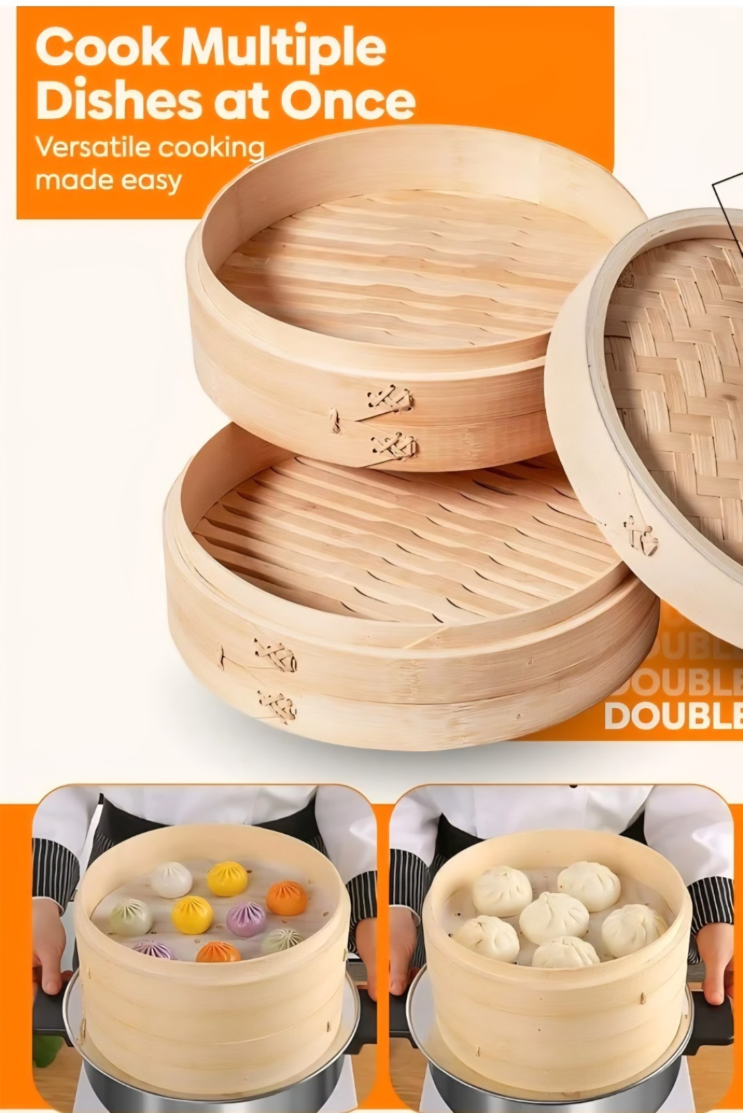 MIU 10″ 2-Tier🔥 🔥Bamboo Steamer🔥🔥 with Stainless Steel Ring Adapter and Lid