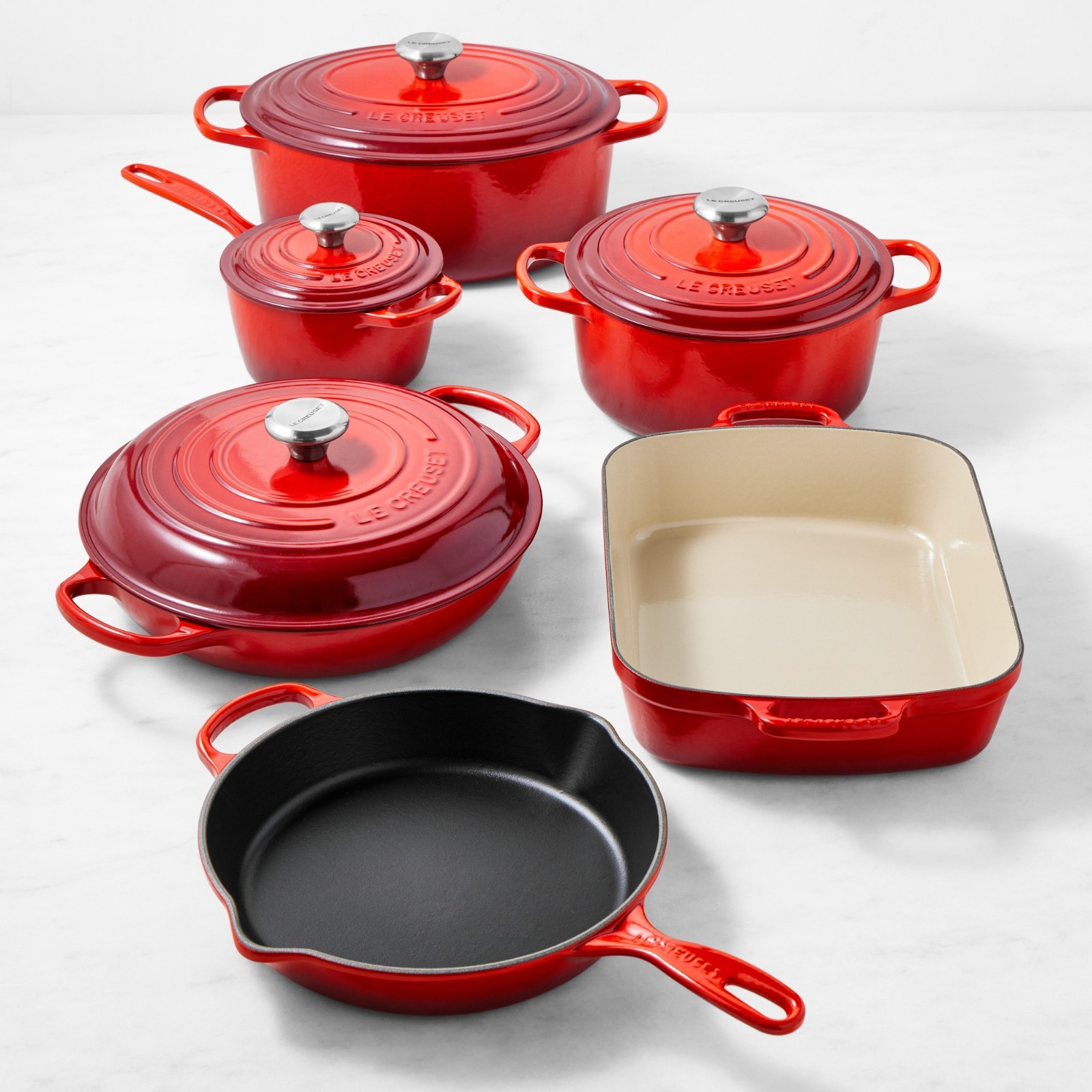 Le Creuset Signature Enameled Cast Iron 10-Piece Cookware Set, Cerise Red Free