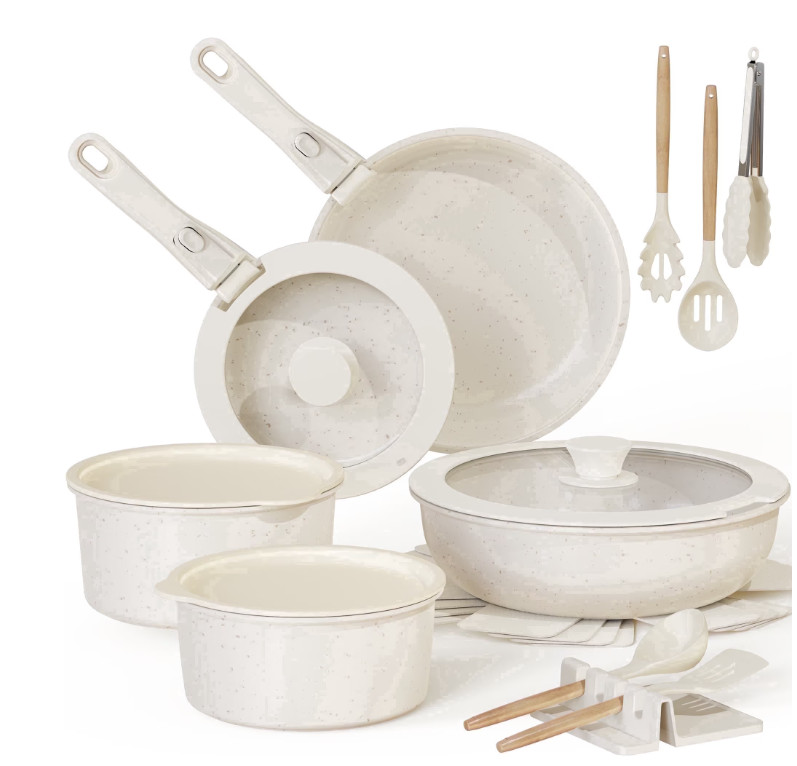 20Pc Ceramic Nonstick Cookware Set Detachable Handles Induction Cream