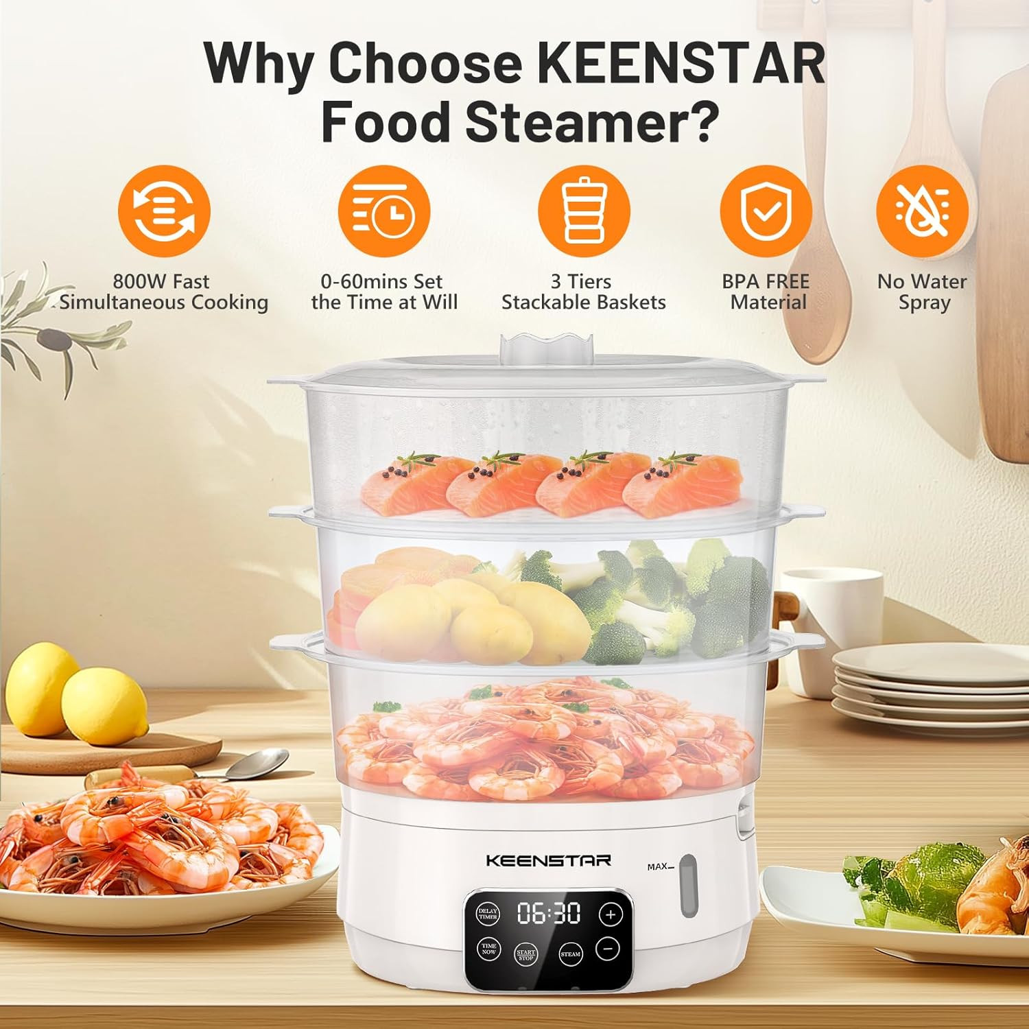 Electric Food Steamer, 13.7QT Vegetable Steamer with 3 Tiers Bpa-Free Baskets, D