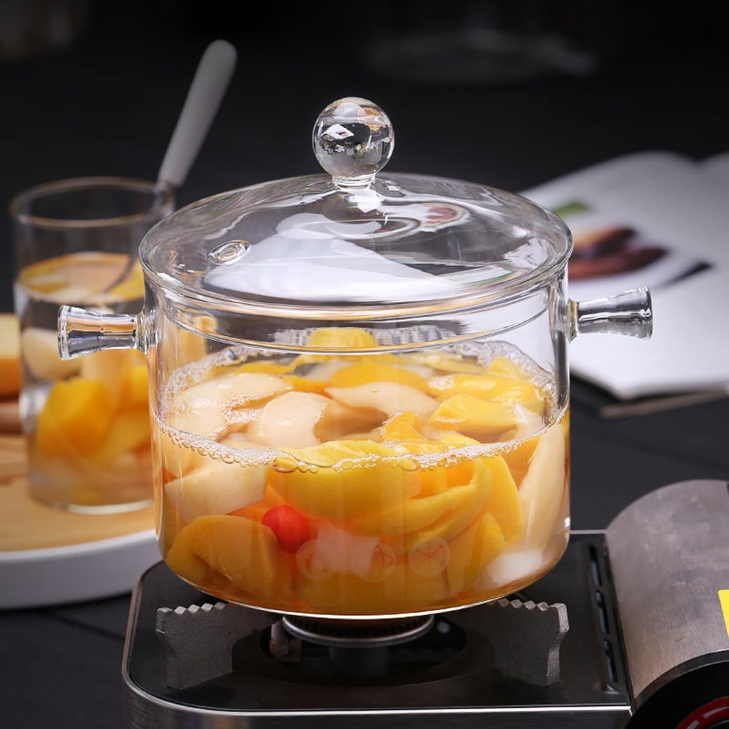1.9L/64OZ Glass Cooking Pots Heat-Resistant Borosilicate Glass Saucepan W/ Cover