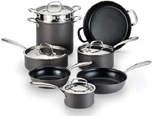Lagostina Nera Hard Anodized Nonstick 12-Pc Cookware Set-Hammered Stainless Lids