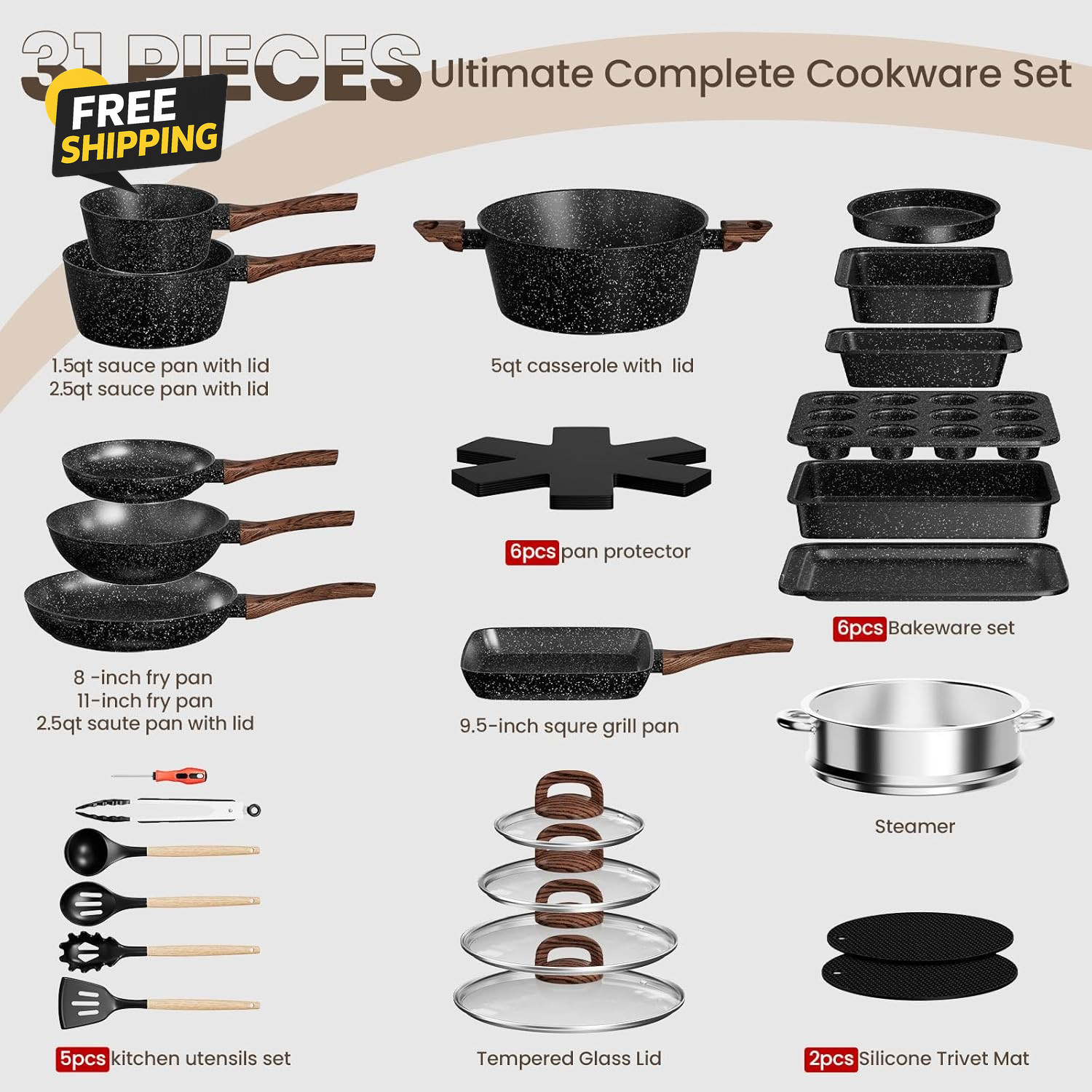 Pots and Pans Set Non Stick, 31 Piece Kitchen Induction Cookware & Bakeware Set,