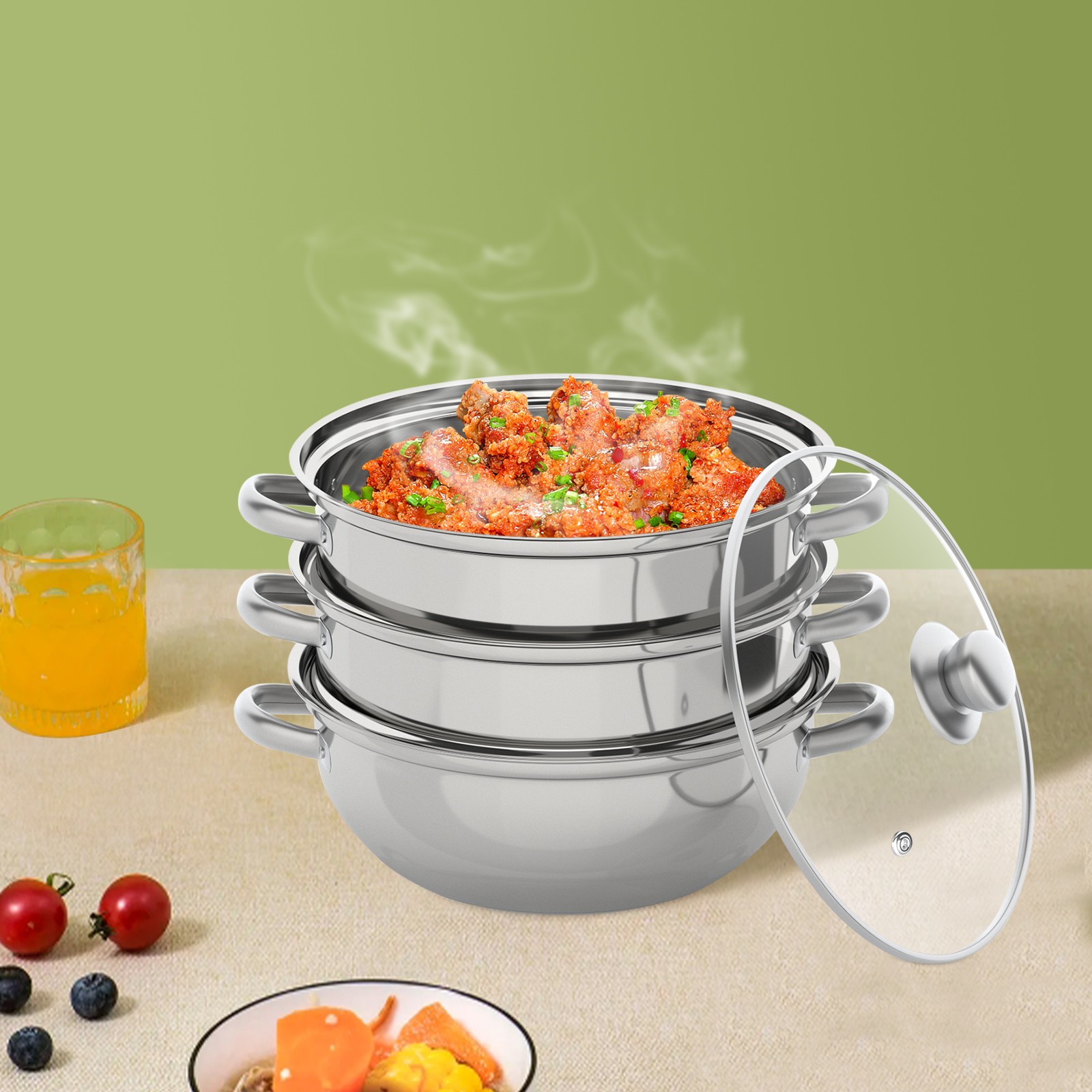 3 Tiers Stainless Steel Food Steamer Cooker Pot Vegetable Fish w/Glass Lid