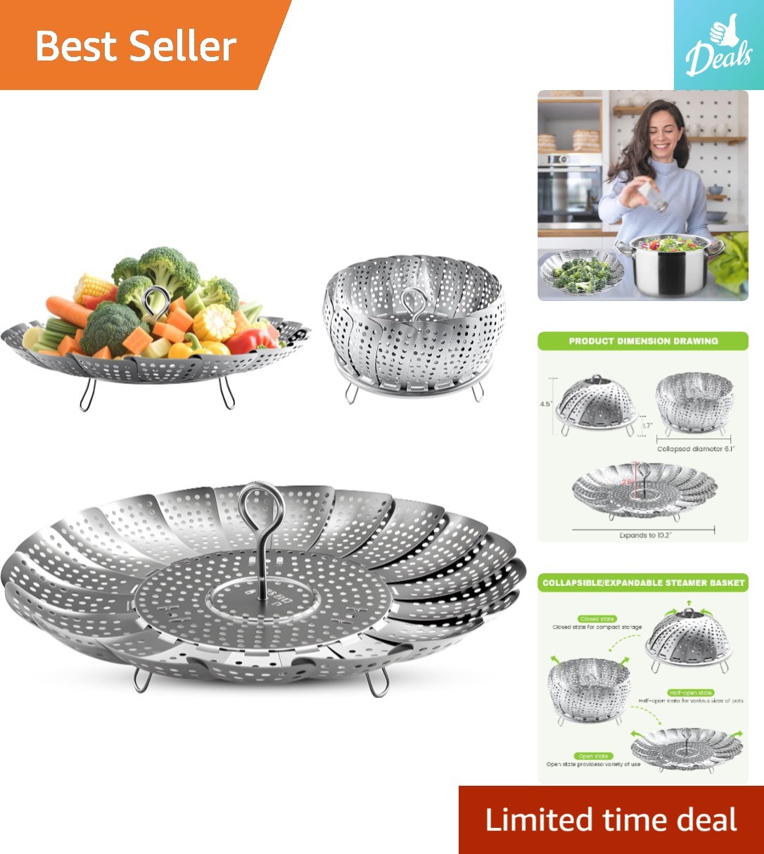 Stainless Steel Expandable Steamer Basket for Instant Pot, 6.1″ to 10.2″