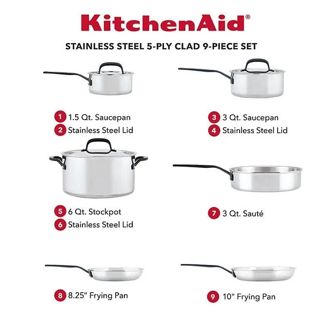 KitchenAid 5 Ply Clad Stainless Steel 9-Piece Cookware Set, Polished Stainless S