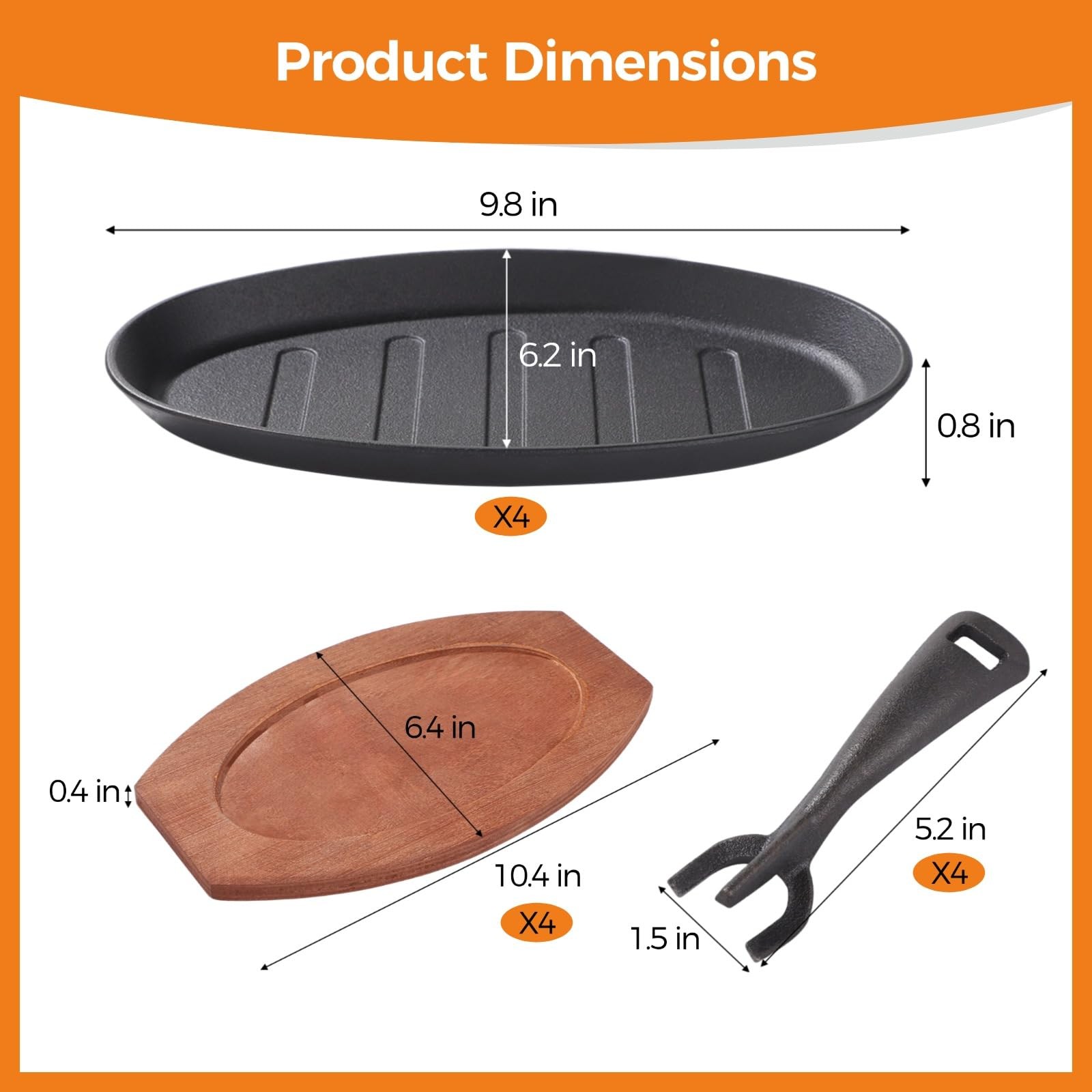 Toyosport 4 Sets Cast Iron Skillet with Wooden Tray, Fajita 4 pack, Black