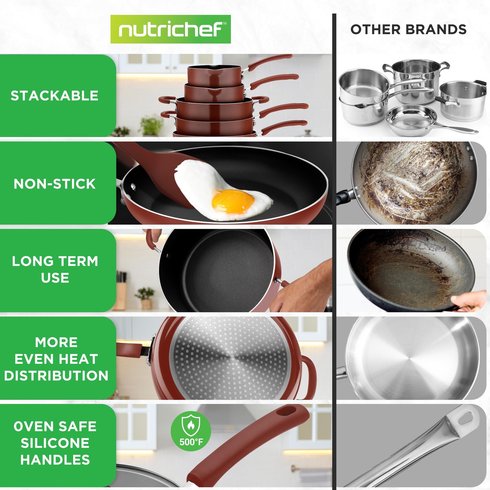 NutriChef Space Saver 17-Piece Nonstick Cookware Set – Brown One Size,