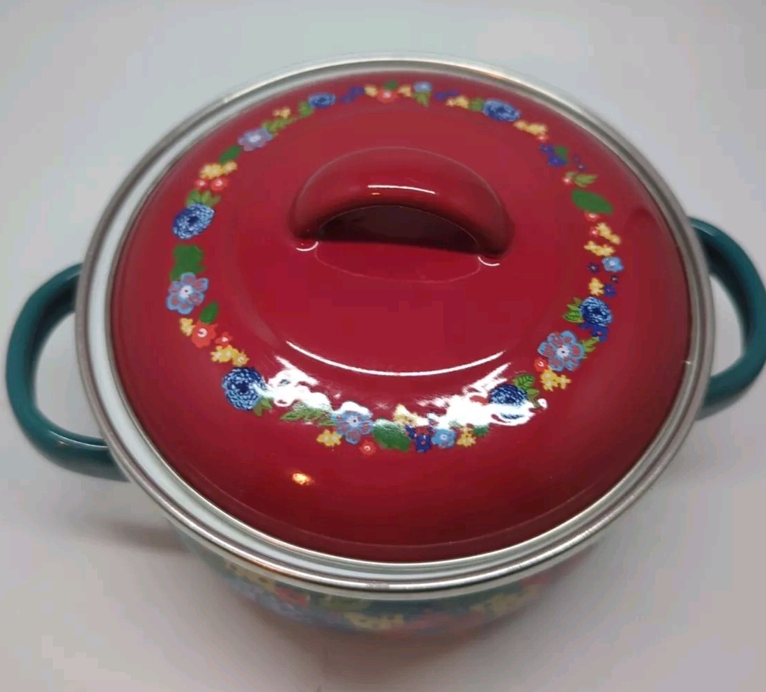 The Pioneer Woman Dazzling Dahlias 1 Qt. Enameled Steel Mini Dutch Oven Teal Red