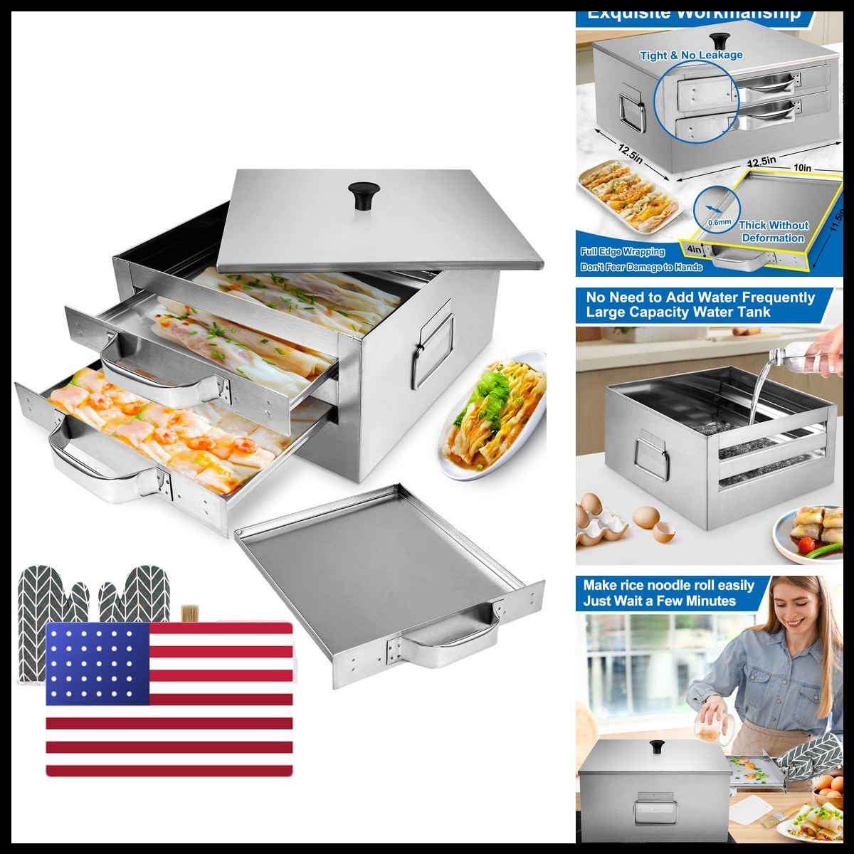Gasgimos 2-Layer Rice Noodle Roll Steamer Extra Steam Tray Stainless Steel