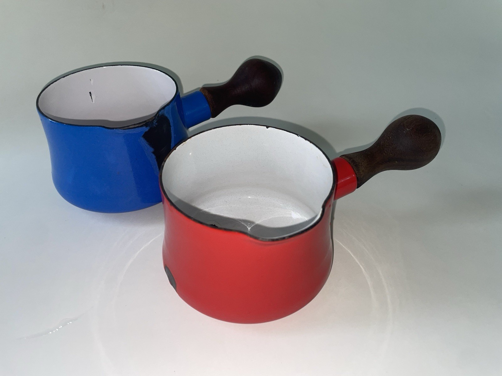 2- Dansk Enamel Red Blue Milk Pan Butter Warmer Round Wooden Handle