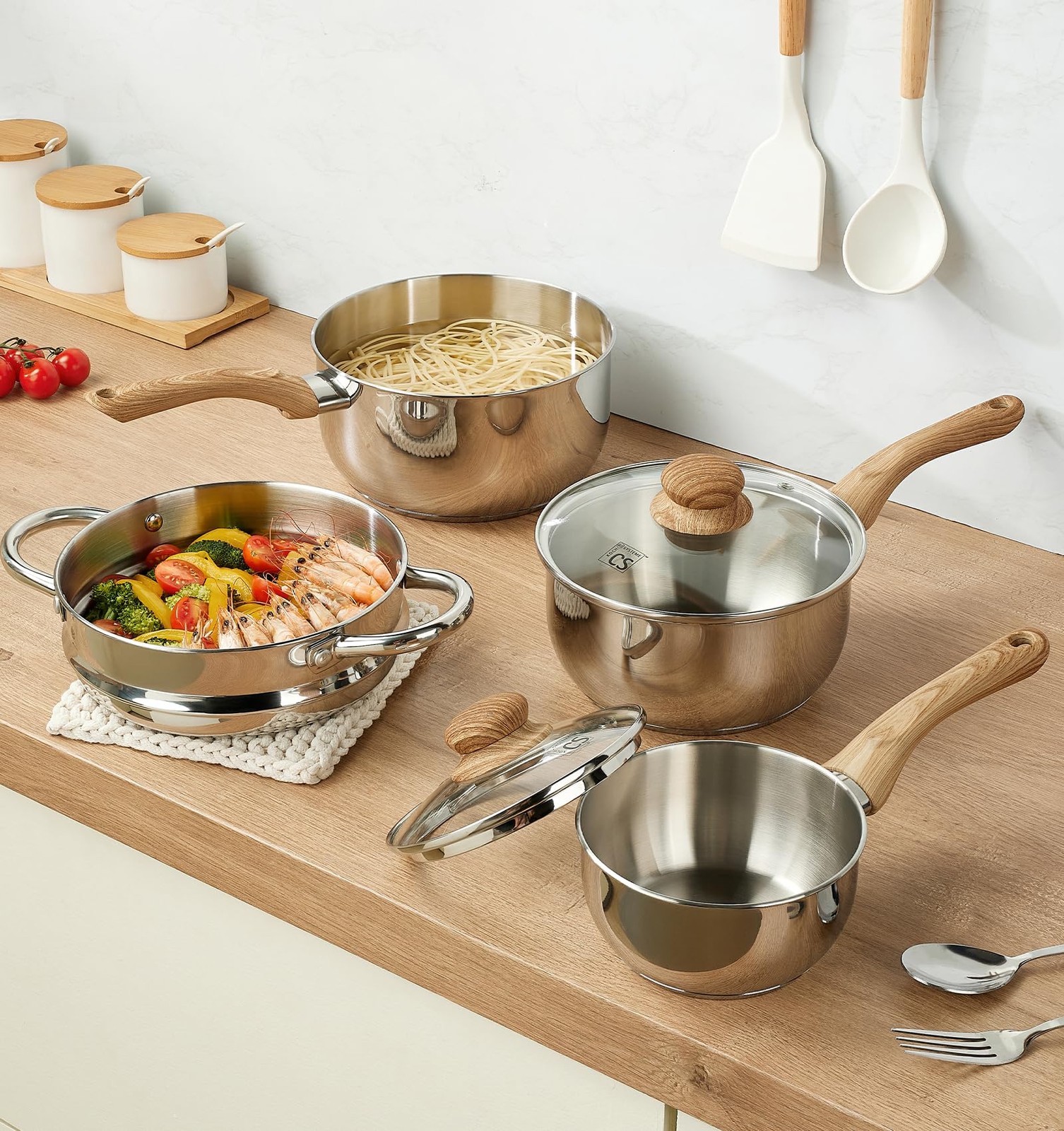 Stainless Steel Saucepan Set with Steamer, 18/10 Stainless Steel Pots 1QT 2QT…