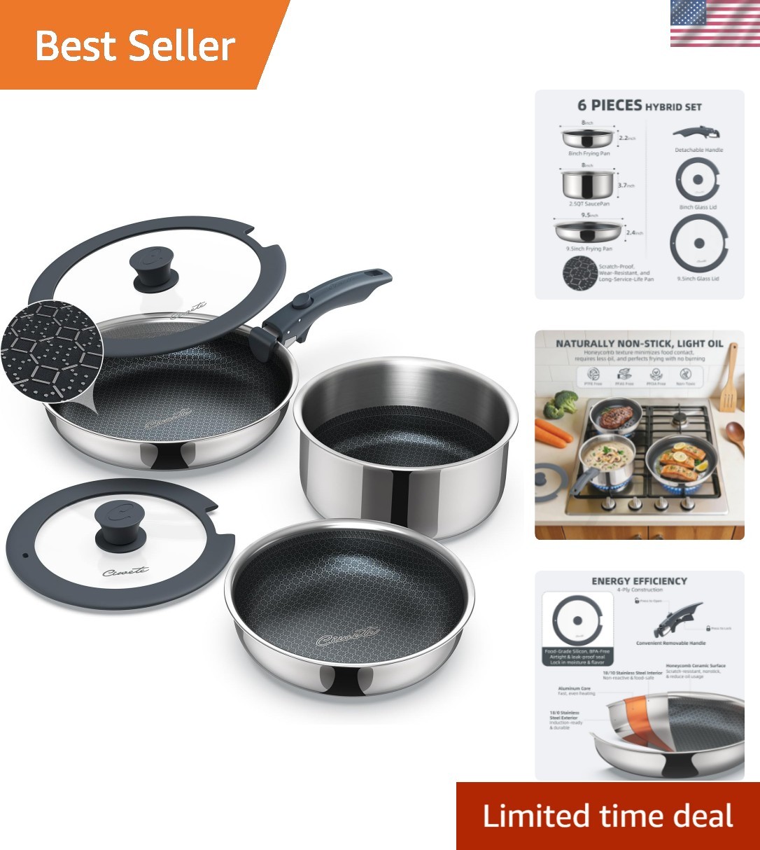 6-Piece Hybrid Stainless Steel Pots and Pans Set Non Stick, Tri-Ply Stainless…