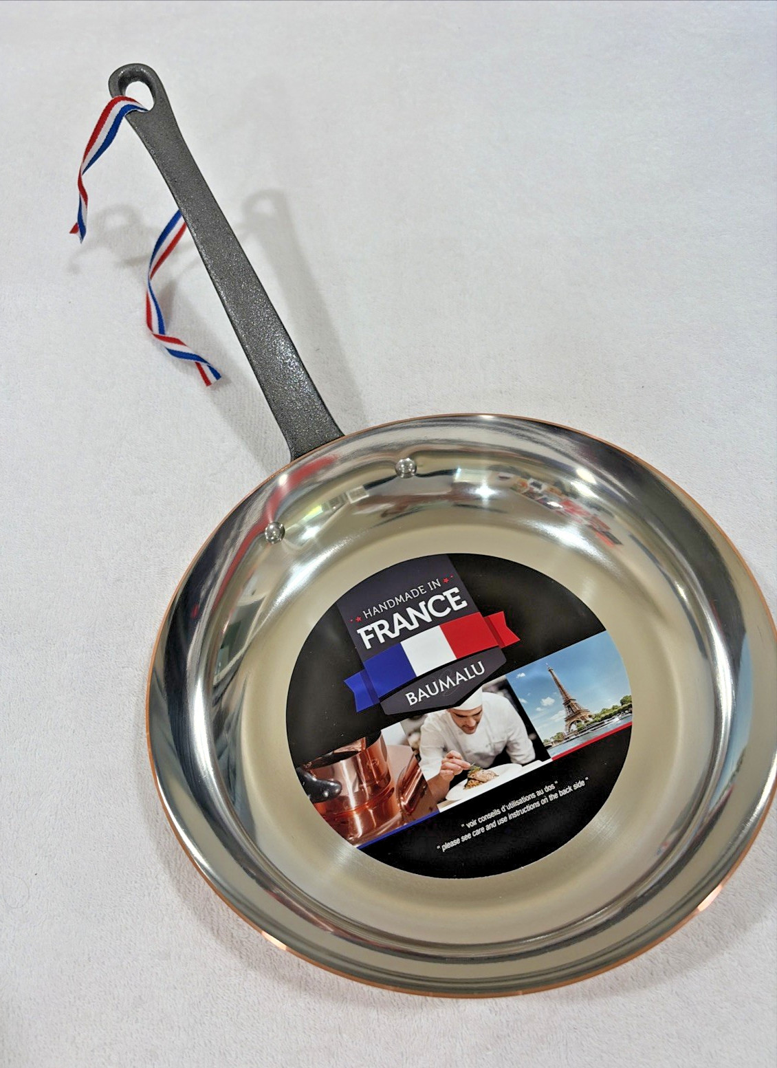 BAUMALU France Smooth Copper Frying Pan Skillet Cast Iron Handle 24cm 9.5″ NEW