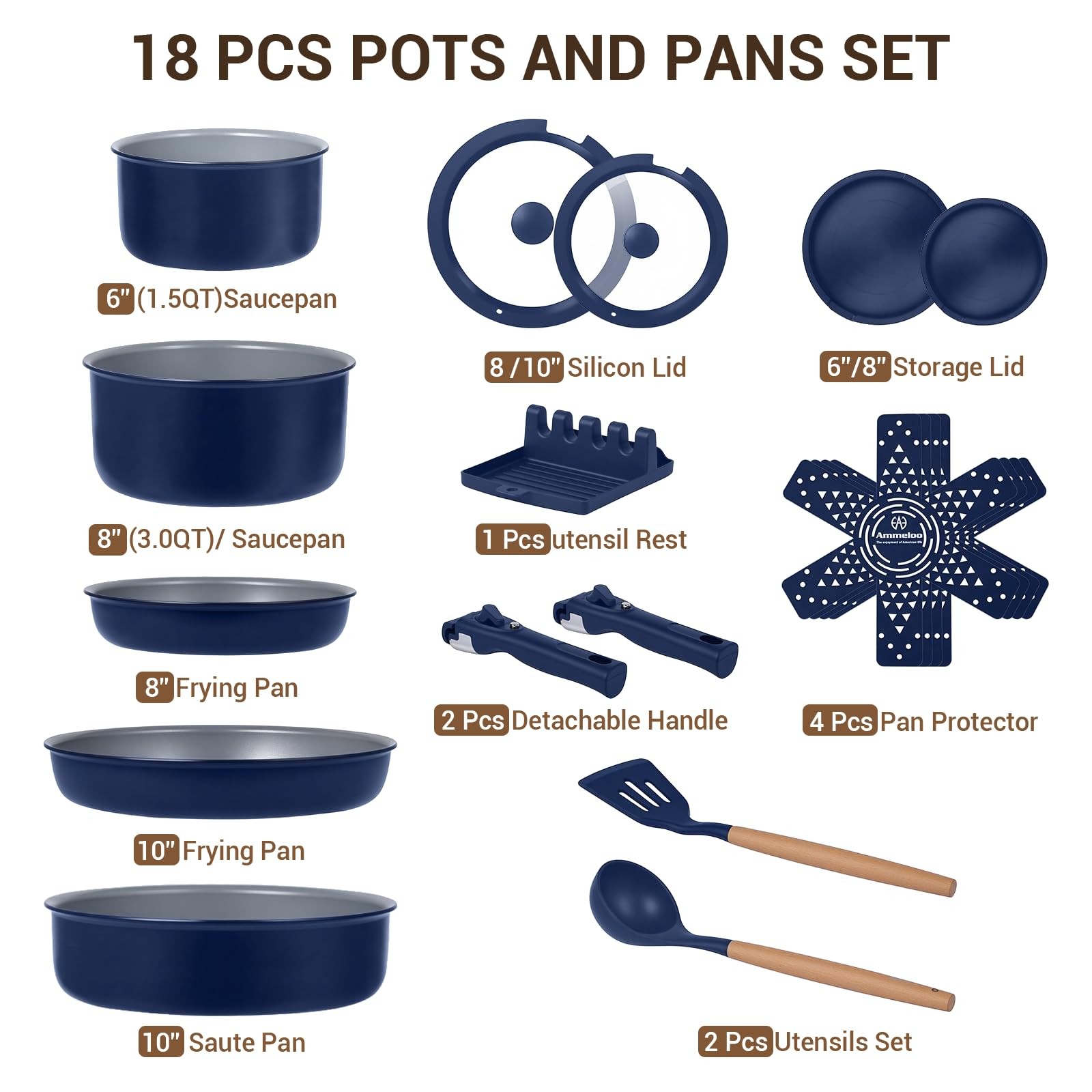 18-Piece Ceramic Pots and Pans Set Non Stick, Non Toxic Cookware Set with Remova