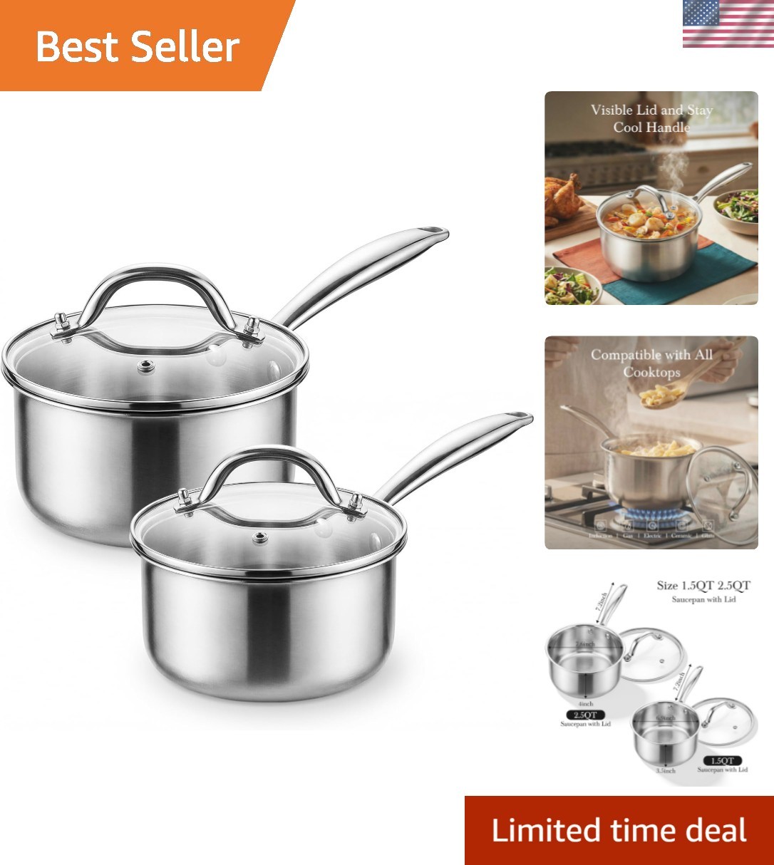 Tri-ply Stainless Steel Pot – 1.5 Qt & 2.5 Qt Heavy Duty Sauce Pan with Lid, …