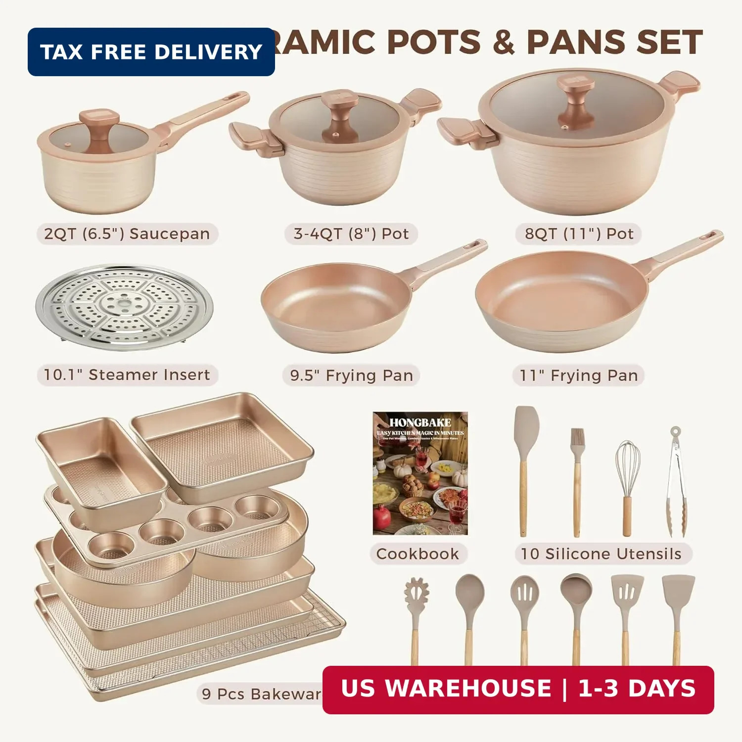 HONGBAKE Pots and Pans Set Nonstick, 26 Pcs All-in-One Kitchen Starter Set with
