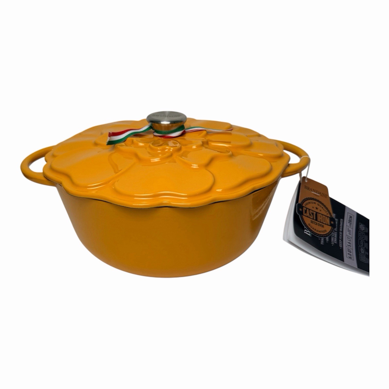 Brandani Yellow Flower Cast Iron Dutch Oven Pot 6qt 11″ NEW