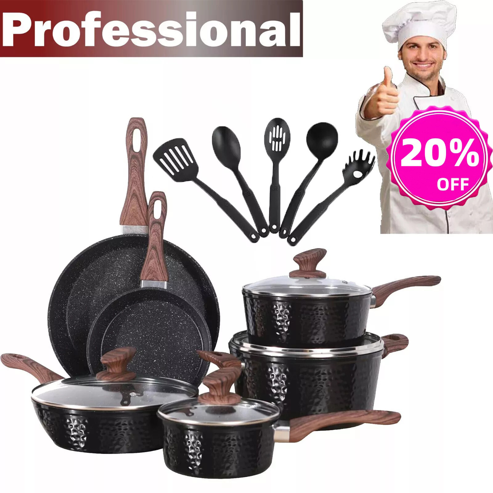 15 Pieces Induction Pots and Pans Set Nonstick Granite Stone Coated Cookware Set