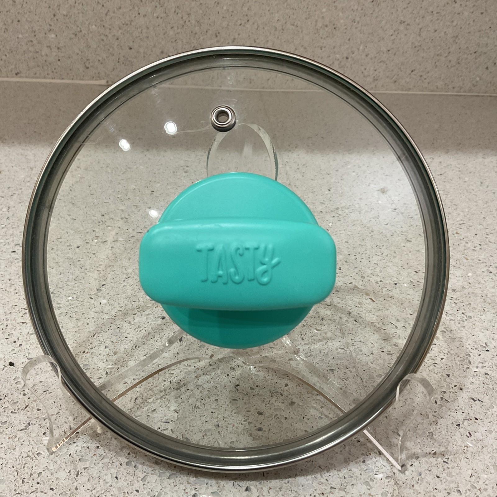 Tasty Cookware Glass & Stainless Lid Vented Lid Teal Handle 6 1/4” ID 6 1/2” OD