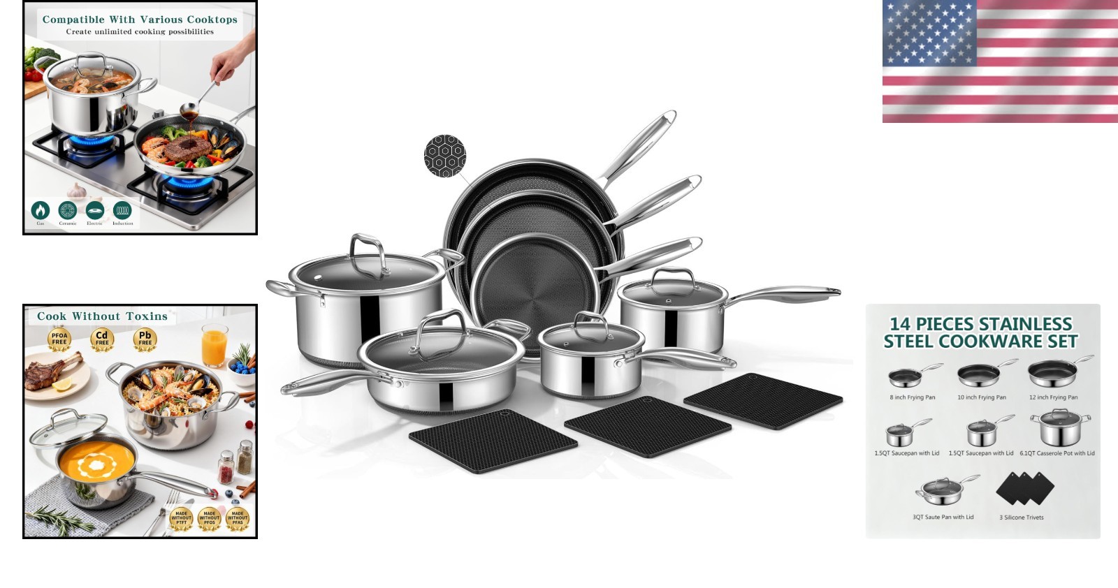 14-Piece Hybrid Stainless Steel Cookware Set Non-Stick Pots and Pans with