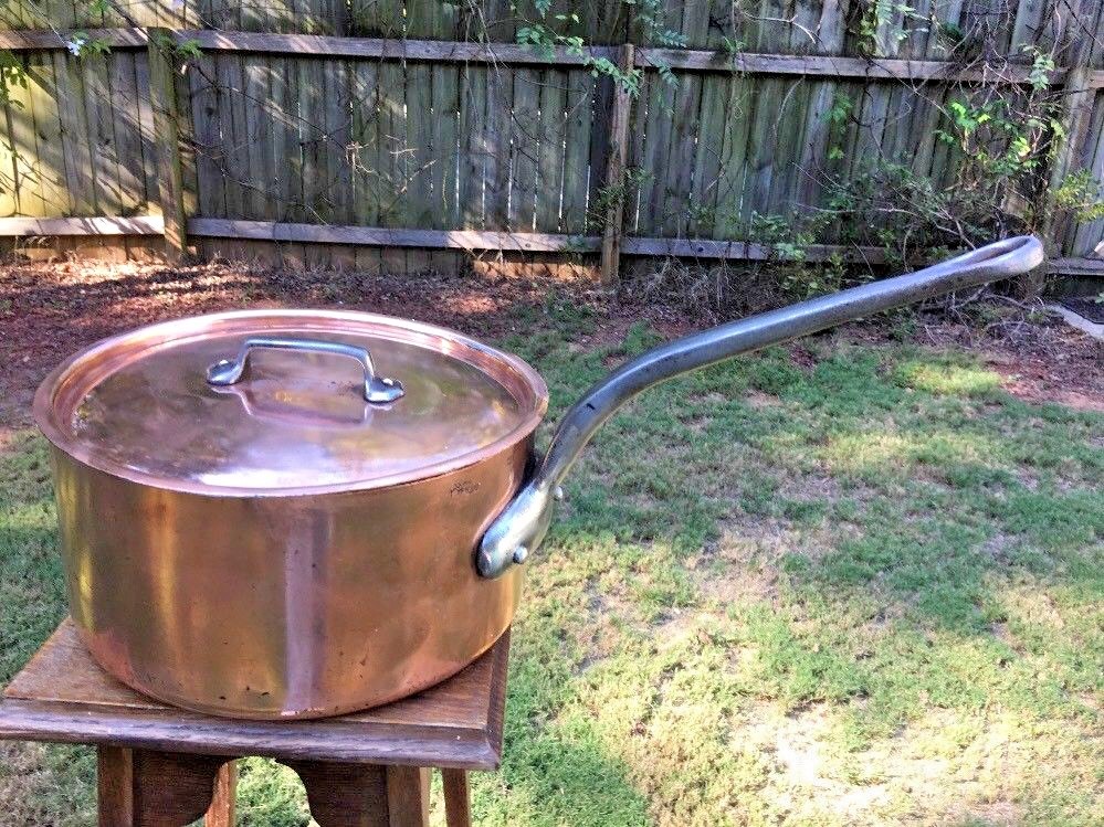 Vintage 2.8mm F.Lejeune 11.25″ Copper Sauce Pan Cast Stainless Lined W/Lid 9.8Qt