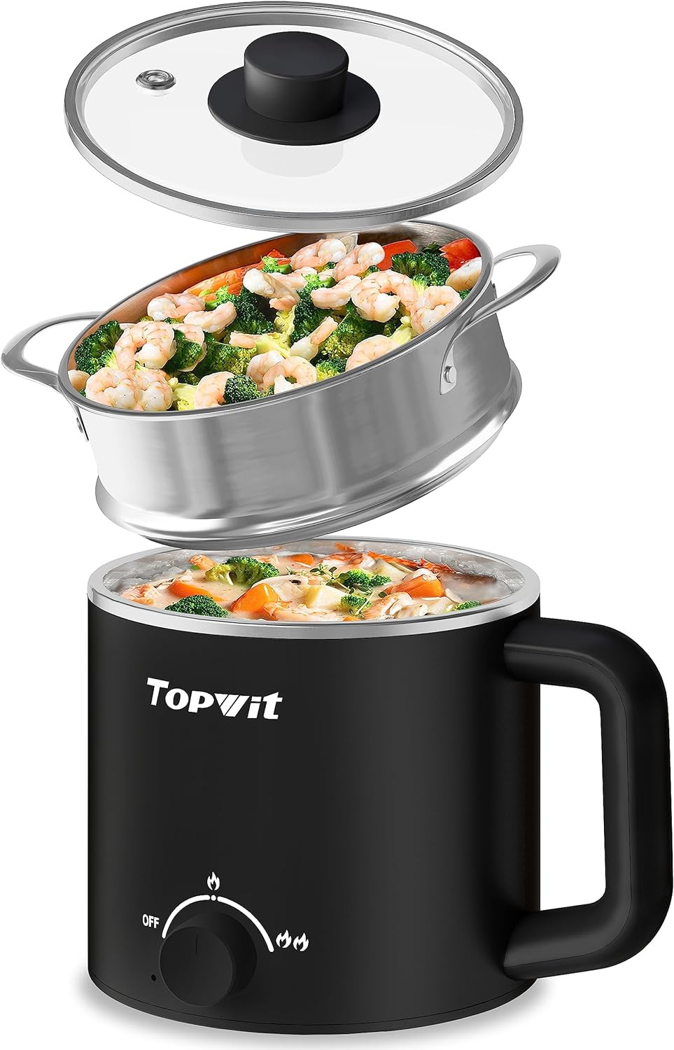 Hot Pot Electric w/Steamer 1.6L Ramen Cooker Electric Pot w/Dual Power Control