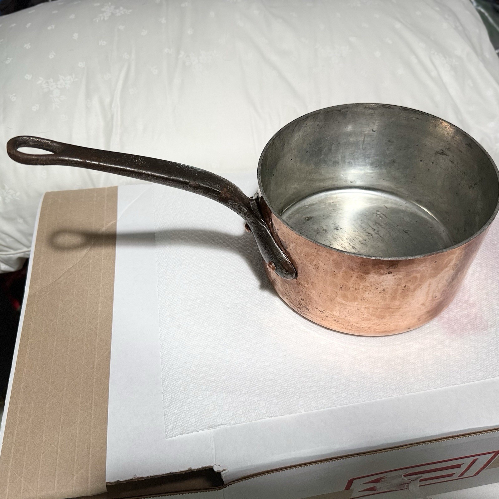 FRANCE COPPER. POT IRON HANDLE VINTAGE. Hammered Nice Condition
