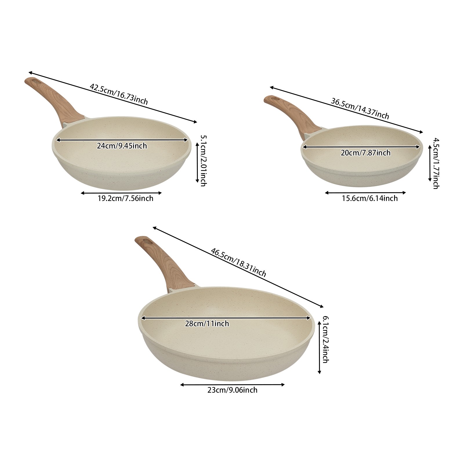 3-Piece Aluminum Nonstick Frying Pan Set Kitchen Healthy Cookware Pan Beige