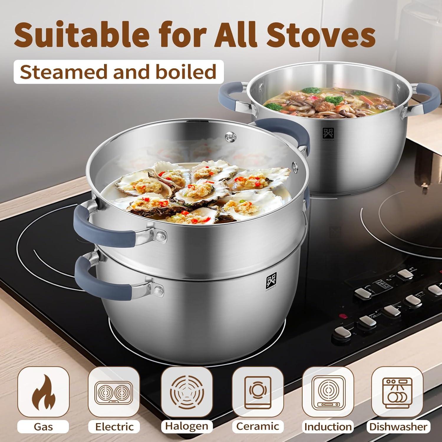 5.6 QT Steamer Pot with Lid,2-Tier Multipurpose 18/8 Steamer for Cooking with Ve