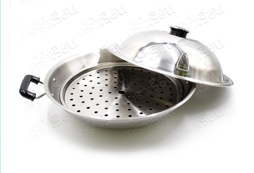 Thai Zebra Brand Stainless Steel Chinese Wok 5 Ply with Lid & Steaming Plate