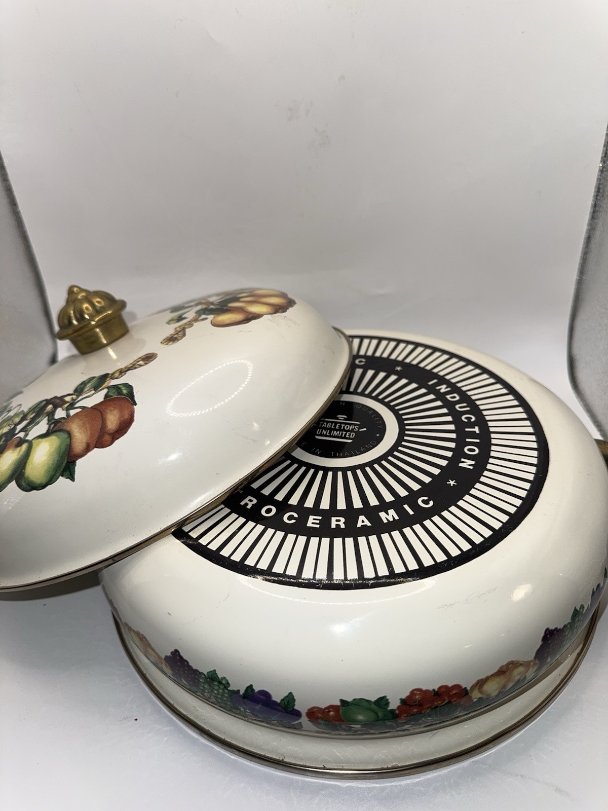 Vintage Fruit Motif Ceramic Casserole Dish Lid Brass Handles Oven Safe