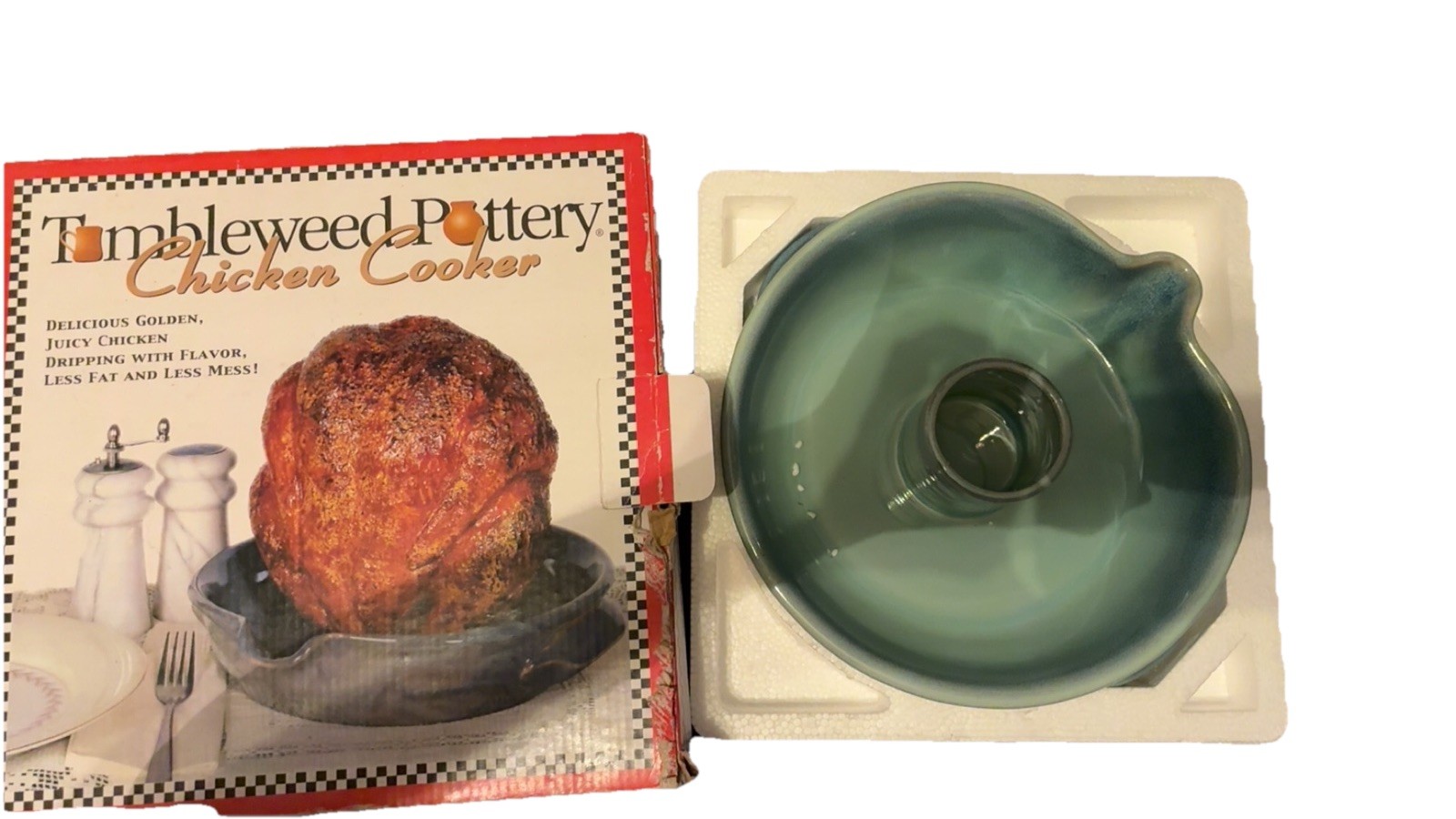 Tumbleweed Pottery Green Glazed Ceramic Chicken Cooker Roaster 3-4 lb Handles