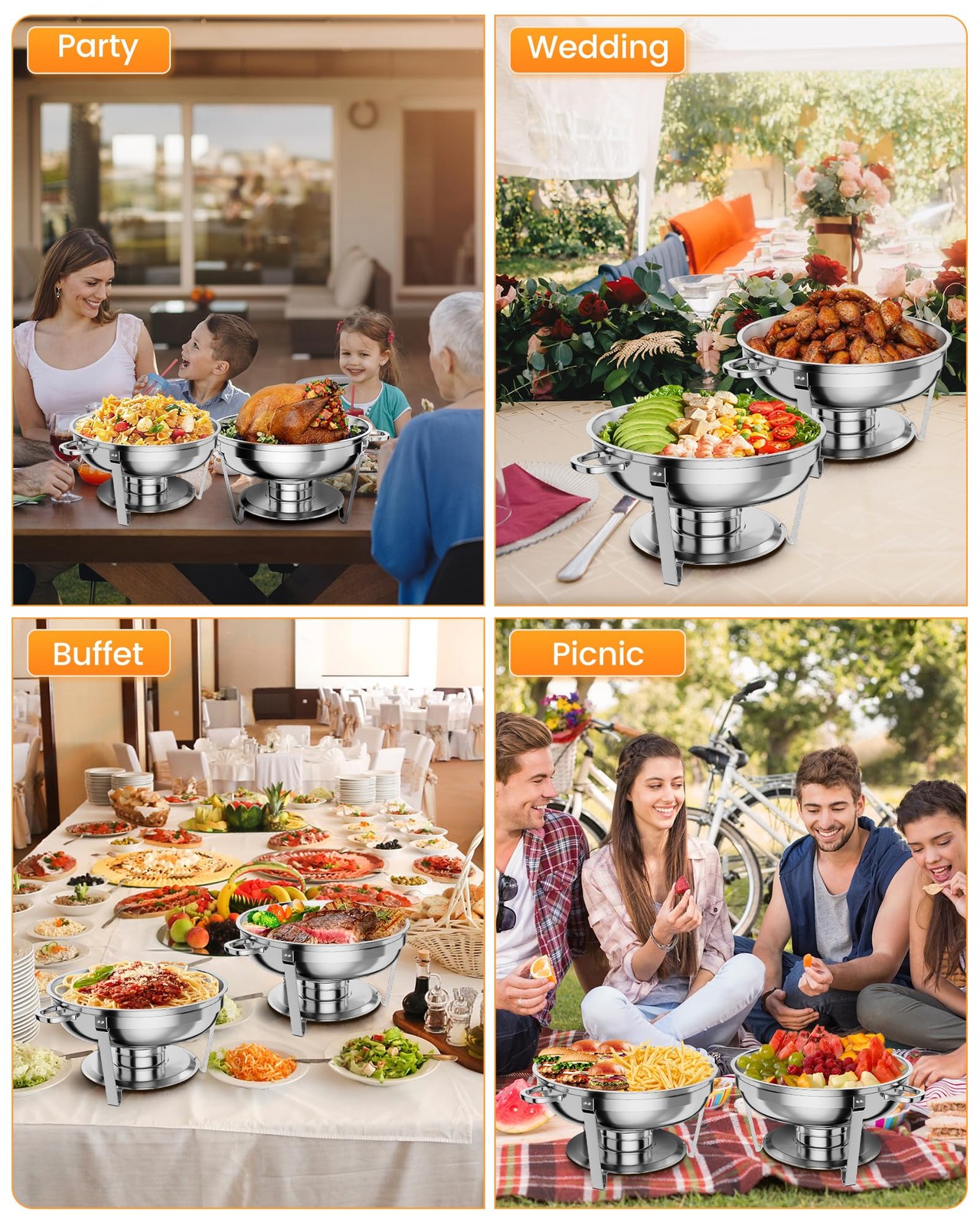 5QT 6-Pack Stainless Steel Chafing Dish Buffet Set, Warmers Food Servers Sets