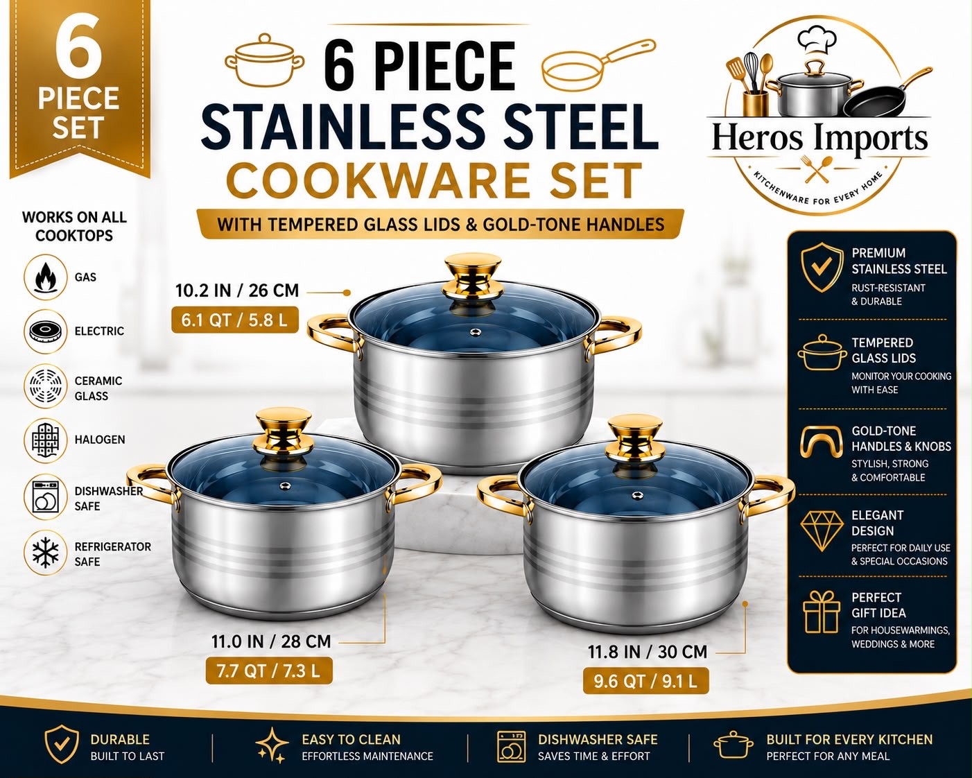 6-Piece Stainless Steel Cookware Set Glass Lids Gold Handles- SUIZA