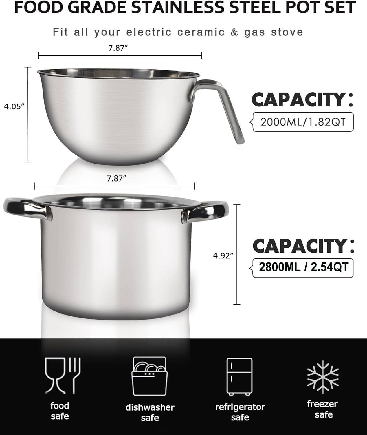 Double Boiler Pot Set 2000ML Mixing Bowl 2800ML Stainless Steel Pot Spatula