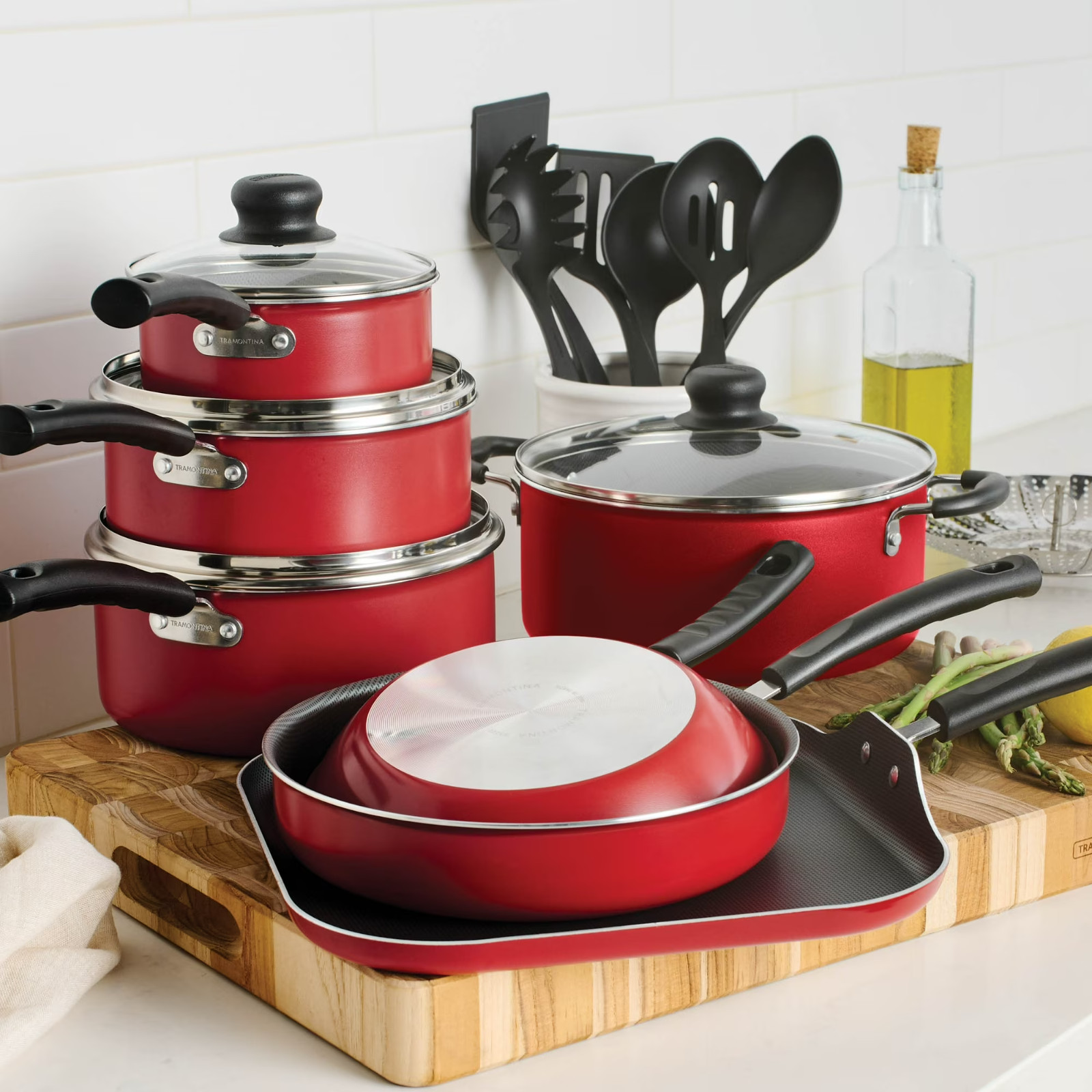 Tramontina Primaware 18-Piece Ceramic Nonstick Cookware Set Red Pots and Pans