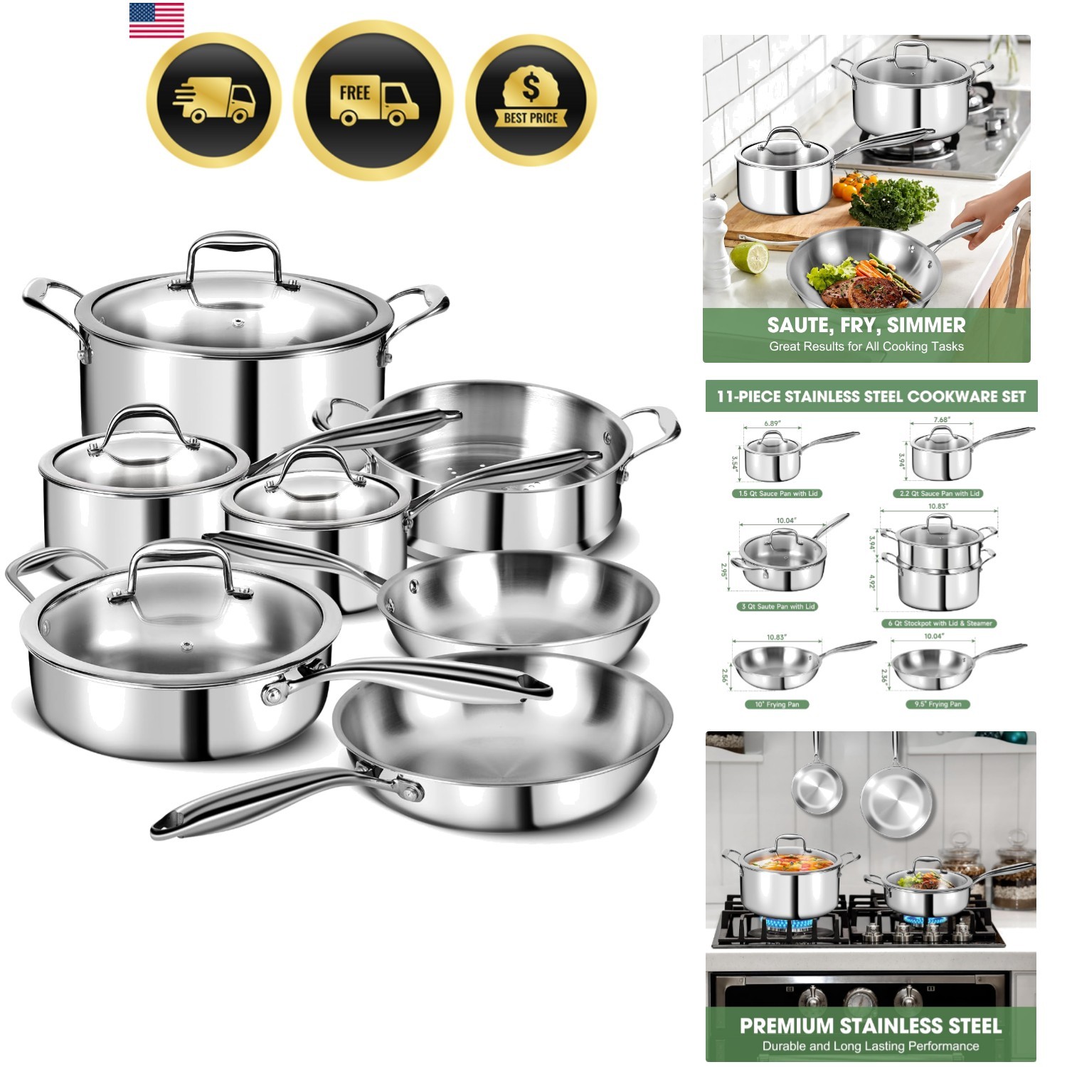 3 Ply Stainless Steel 11-Piece Cookware Set with Lids, Pots and Pans Kitchen …