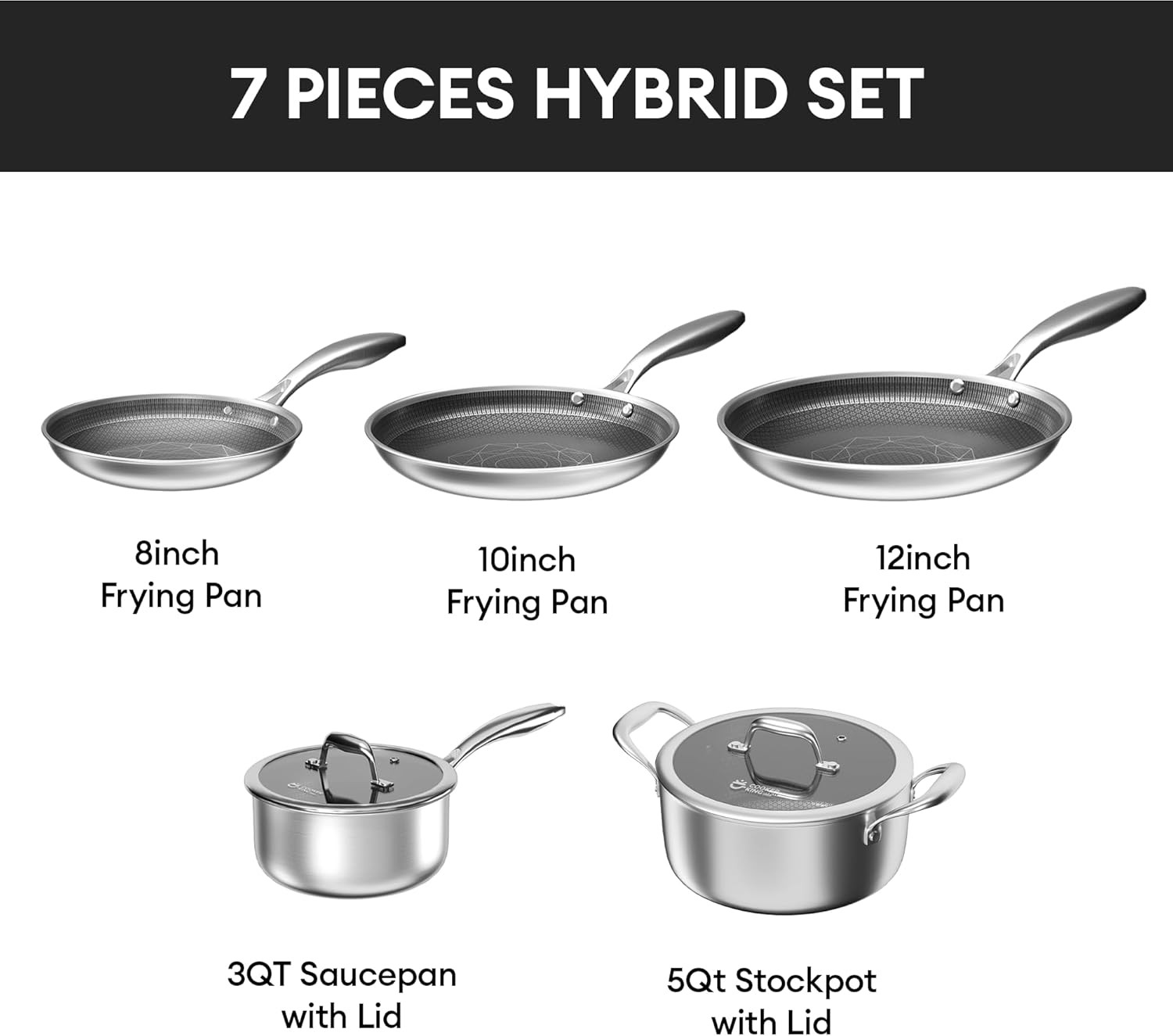 Stainless Steel 7PCS Cookware Set, Non-Toxic, Induction, Dishwasher Safe