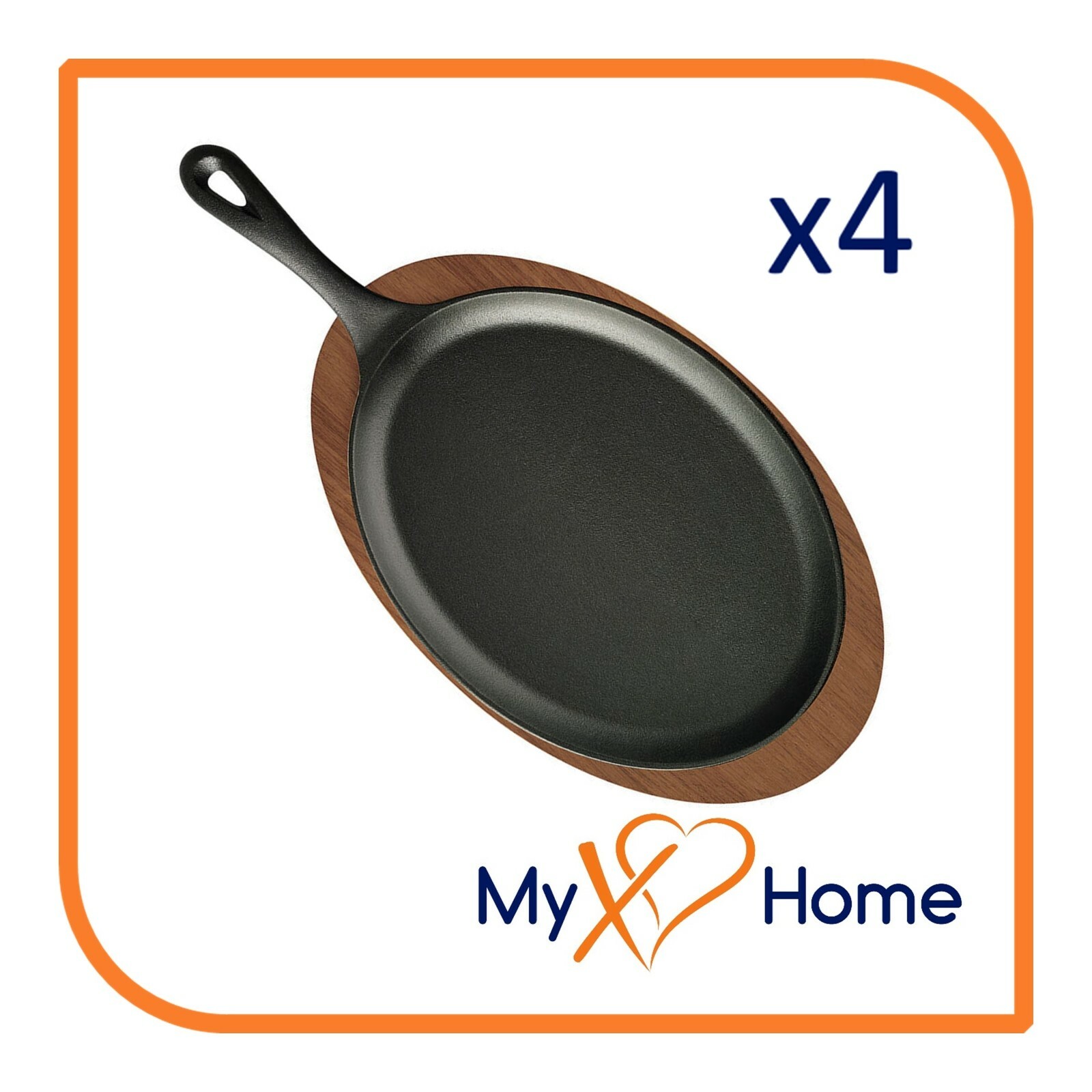 9″ x 7″ Oval Cast Iron Fajita Skillet with Handle & Wooden Base (4 Skillets)