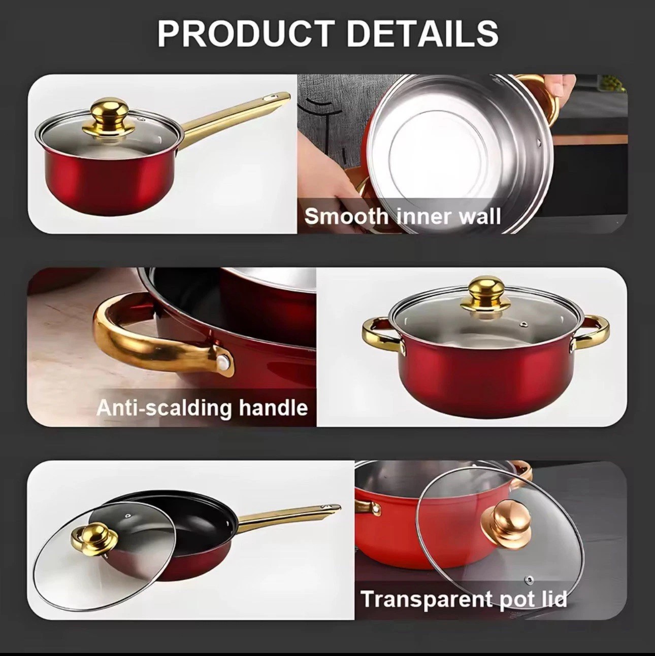 12Pcs Red Stainless Steel Non-Stick Cookware Set Kitchen Pot Frying Pan Saucepan