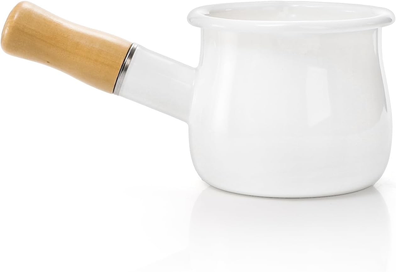 Enamel Milk Pot 0.6 Quart Mini Butter Warmer Saucepan W/ Insulated Wooden Handle